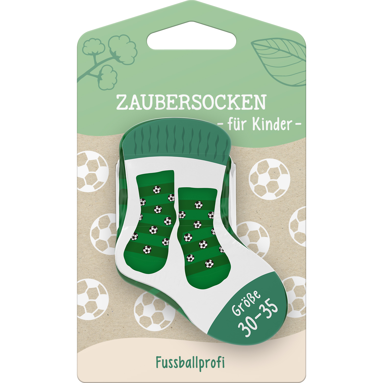 Grüne Kinder-Fußballsocken mit Ballmuster, auf Verpackung präsentiert.