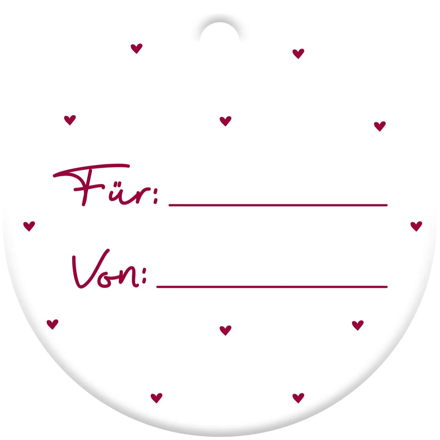 Runder Geschenkanhänger aus Papier mit roten Herzen