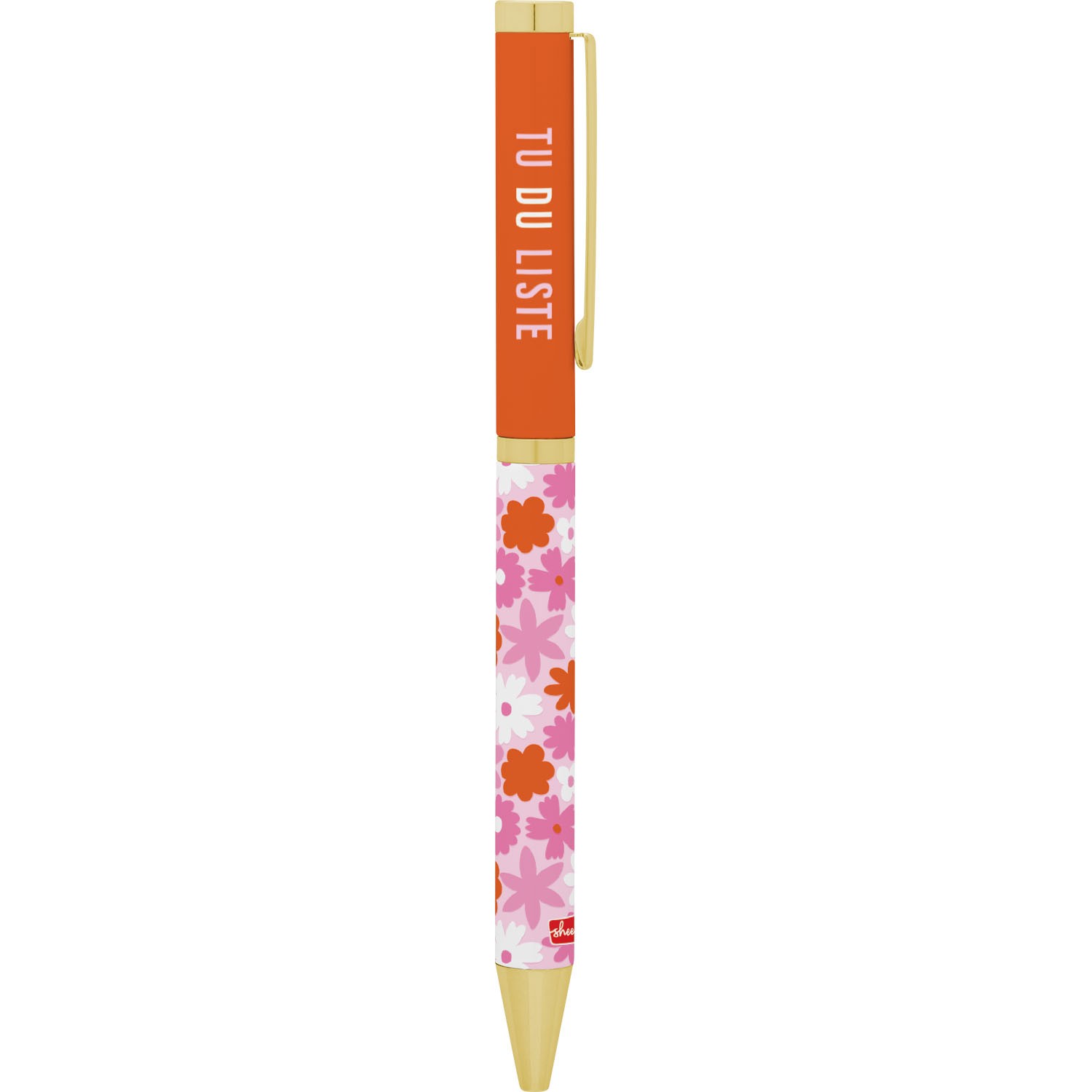 Kugelschreiber TU DU LISTE mit Blumenmuster, orange Cap, goldener Clip