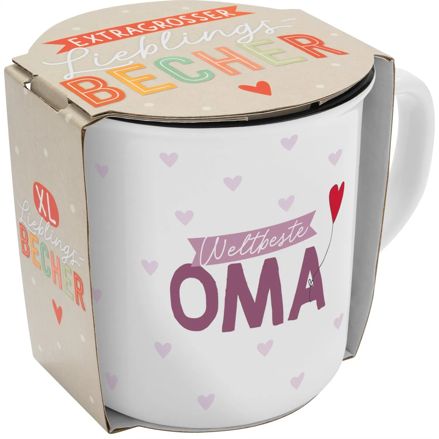 Weiße XL-Tasse mit Aufdruck 'Weltbeste Oma' und Pastellherzchen
