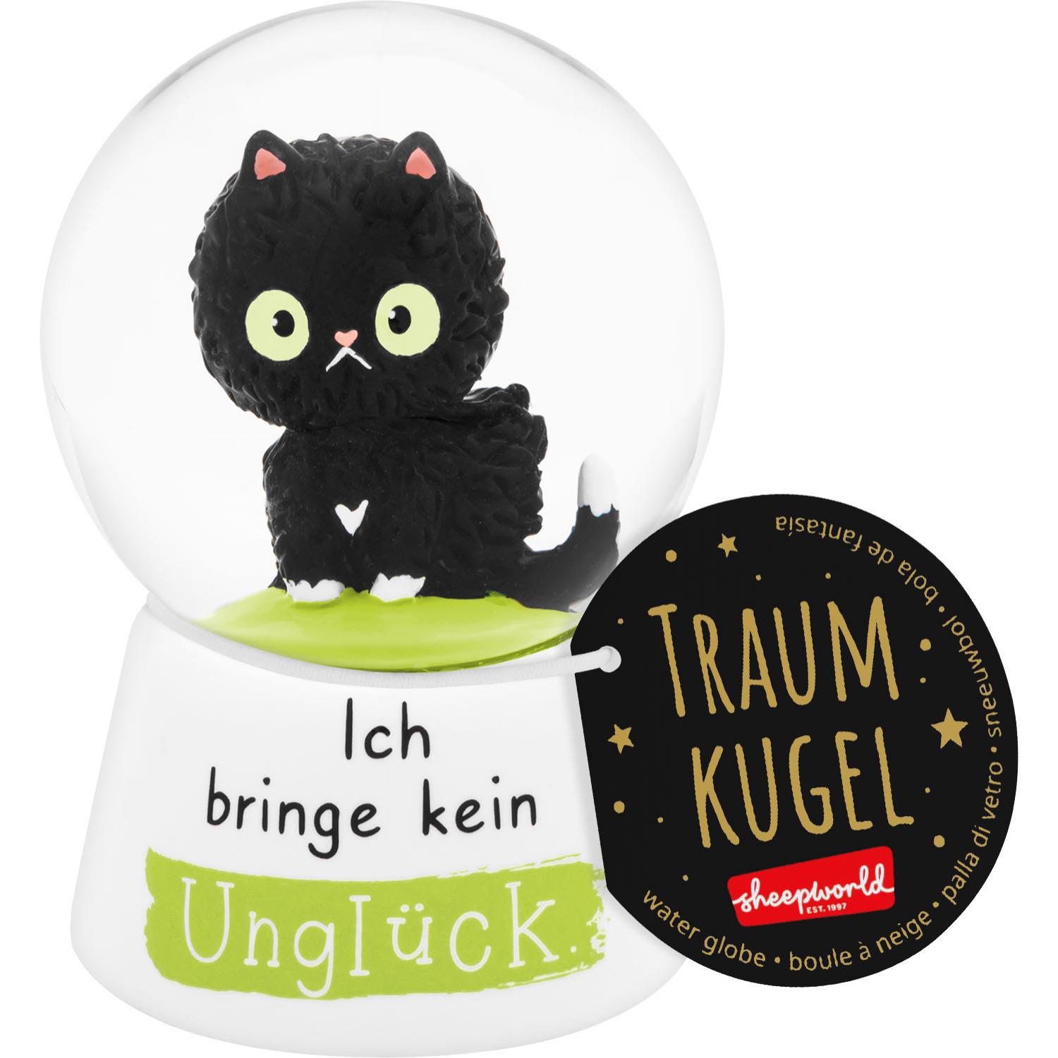 Schneekugel mit schwarzer Katzenfigur, grünem Glitzer, weißem Sockel und Spruch 'Ich bringe kein Unglück'.