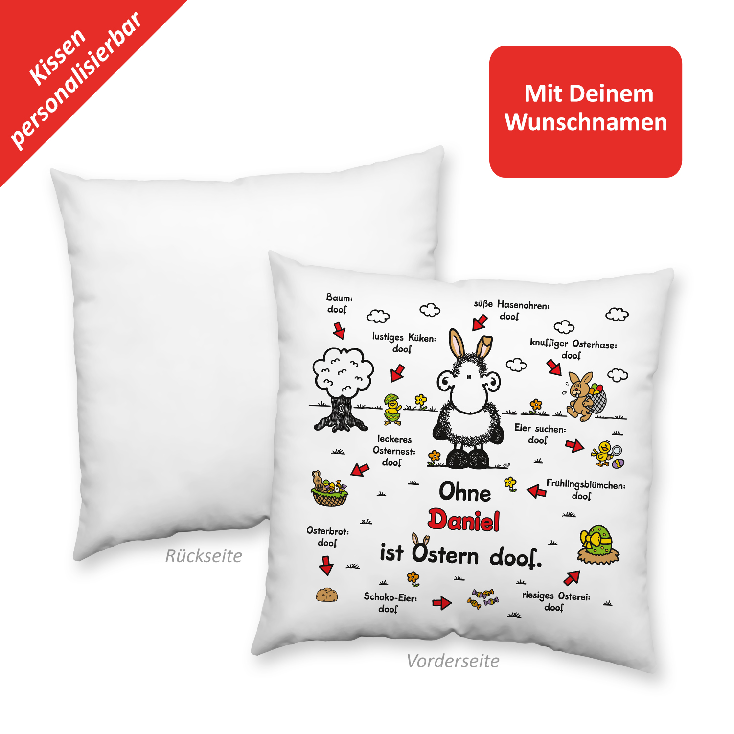 Weißes Kissen mit personalisiertem Oster-Schaf-Motiv und Namensdruck