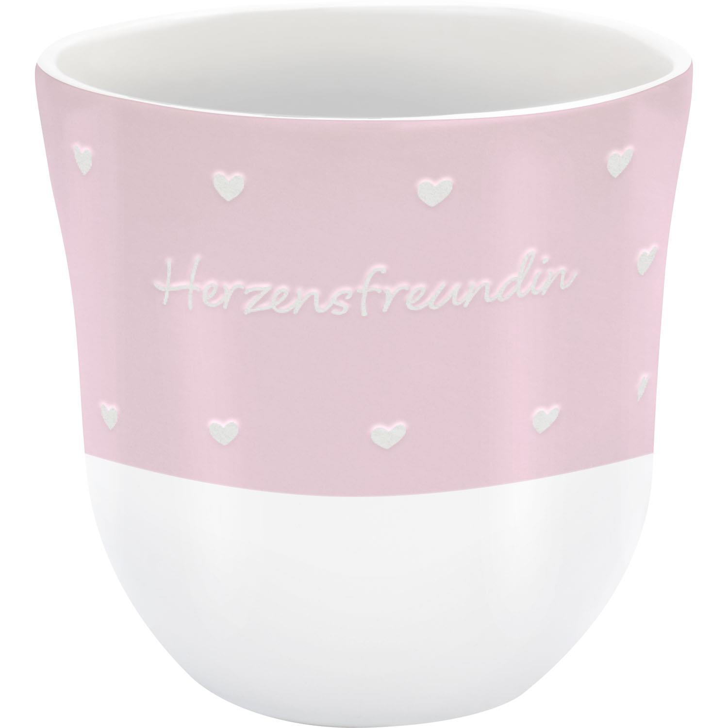 Lieblingsbecher 'Herzensfreundin' aus Steinzeug, rosa Oberteil mit Herzchen, weißer Unterseite, 400 ml.