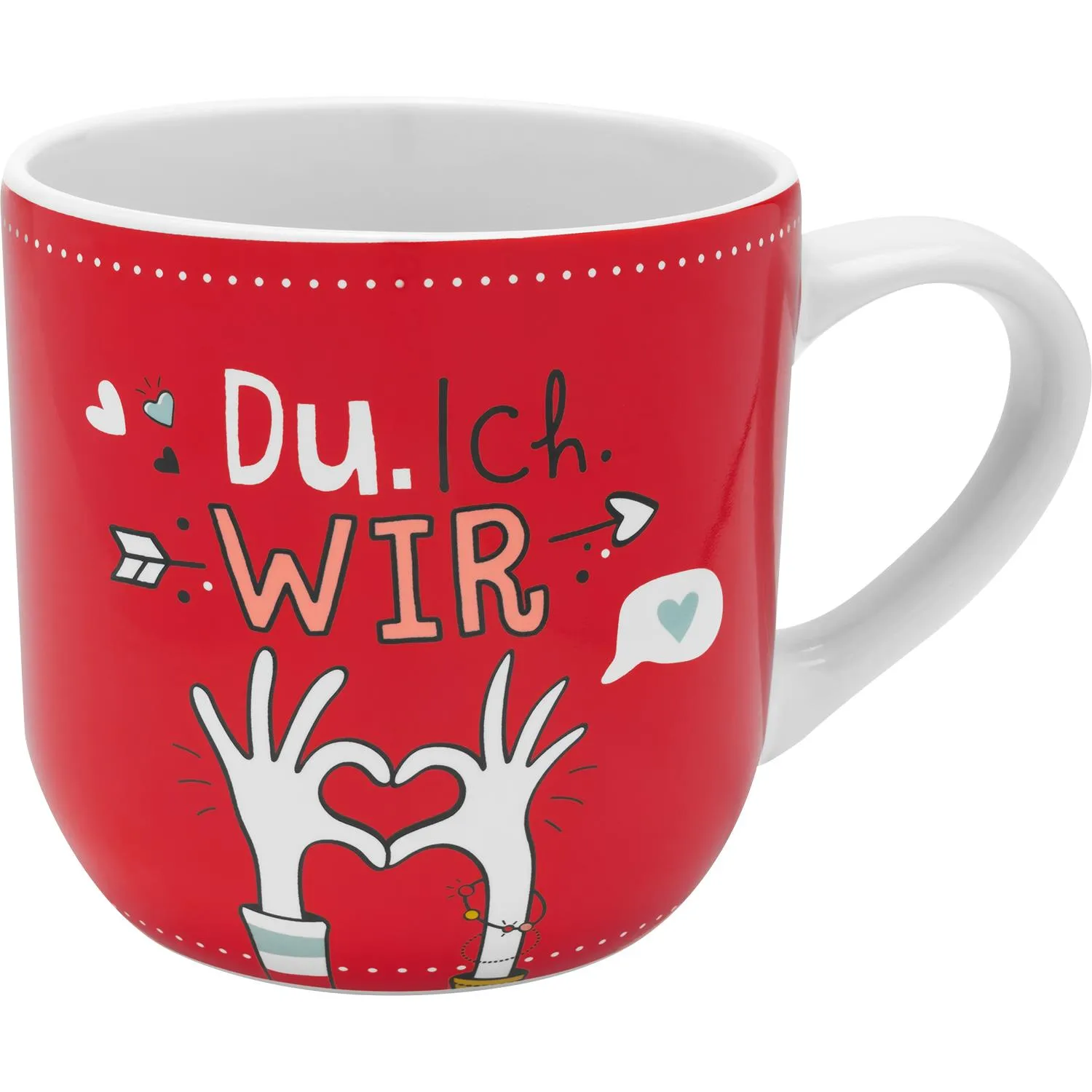 Rote Steinzeug-Tasse mit Du.Ich.WIR-Motiv und Händen, Herz-Design