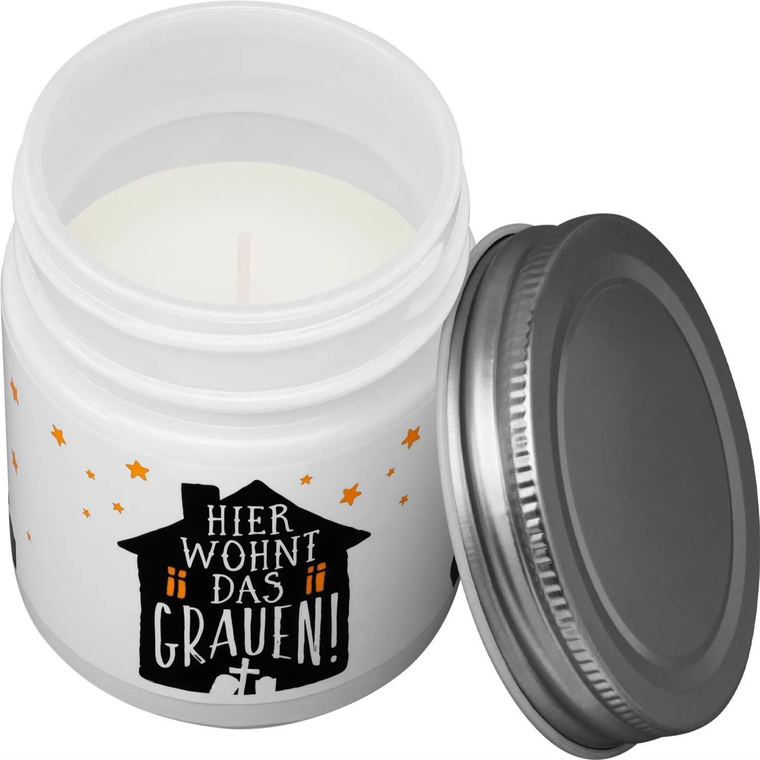 Kerze im Glas »Hier wohnt das Grauen!«