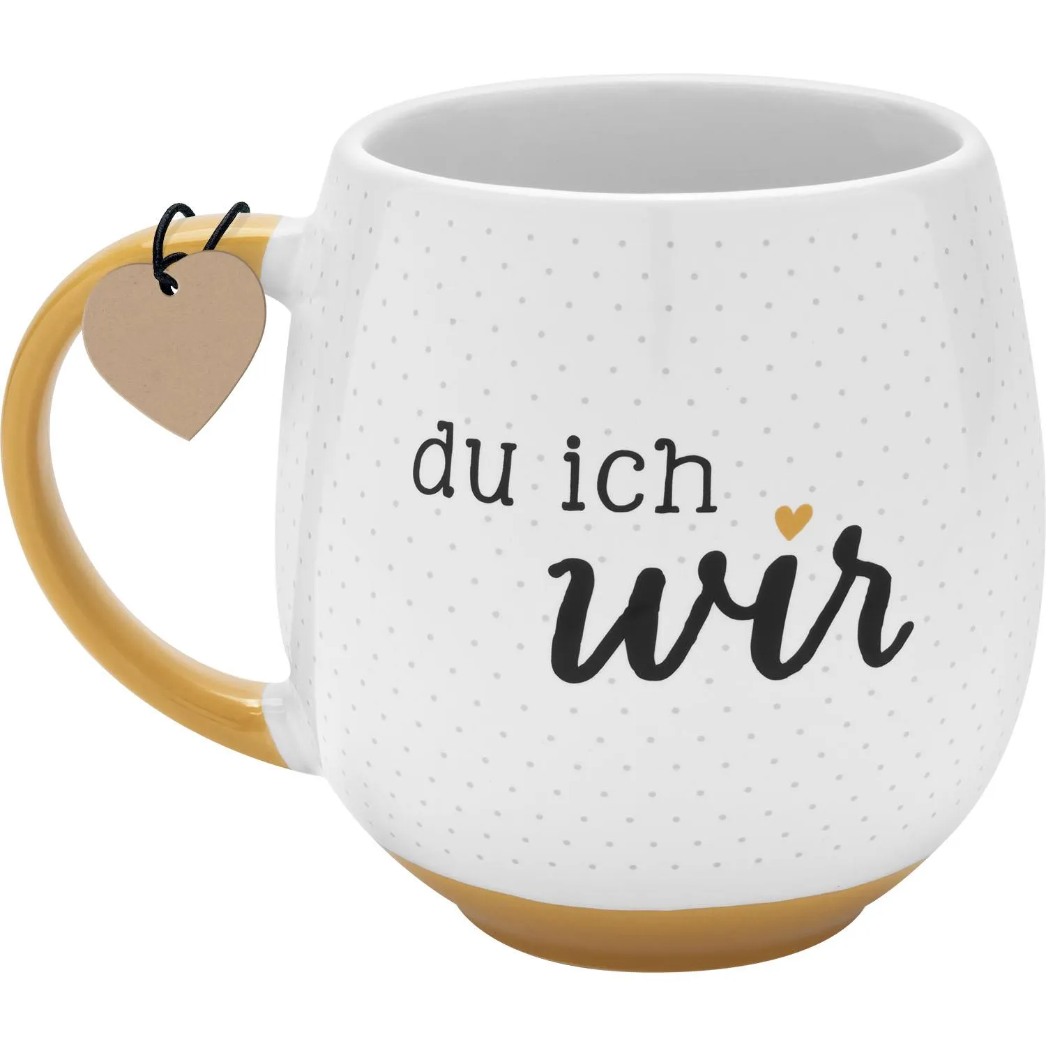 Weiße Porzellan-Tasse mit gelbem Henkel, grauen Punkten und dem Schriftzug 'du ich wir'
