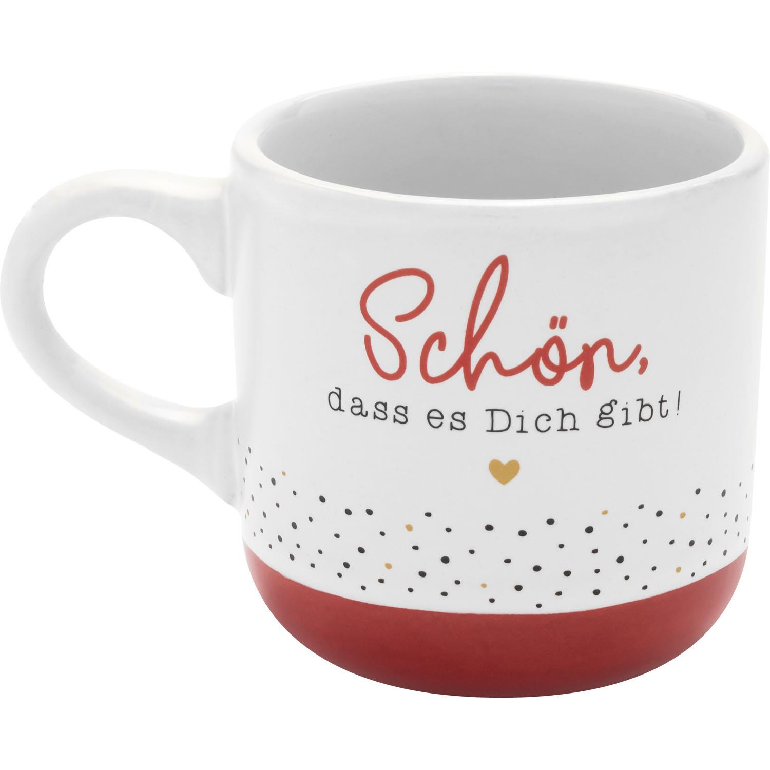Weiße Espressotasse aus Steinzeug mit rotem Boden, schwarzen Punkten und goldenem Schriftzug