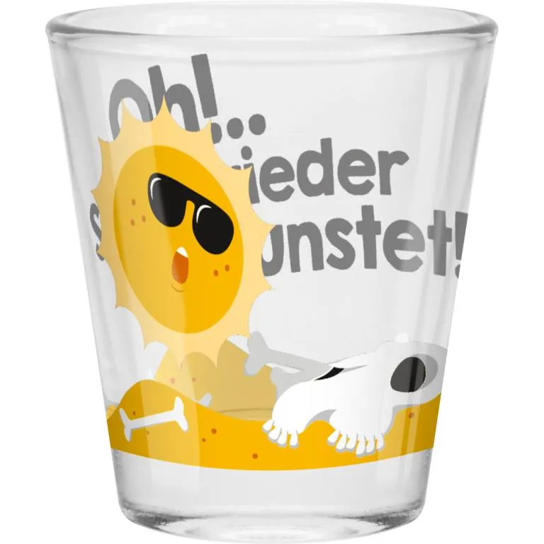 Schnapsglas mit gelber Sonne und Knochen-Motiv, 6 cl, spülmaschinengeeignet.