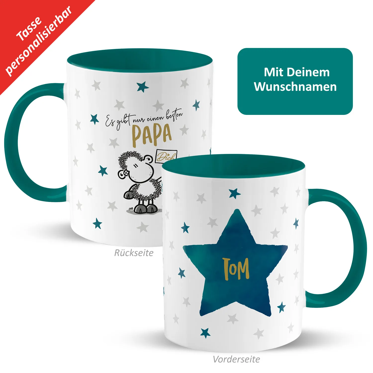 Personalisierbare Porzellantasse mit Sternenmotiv, Name im Stern, teal Innenfarbe