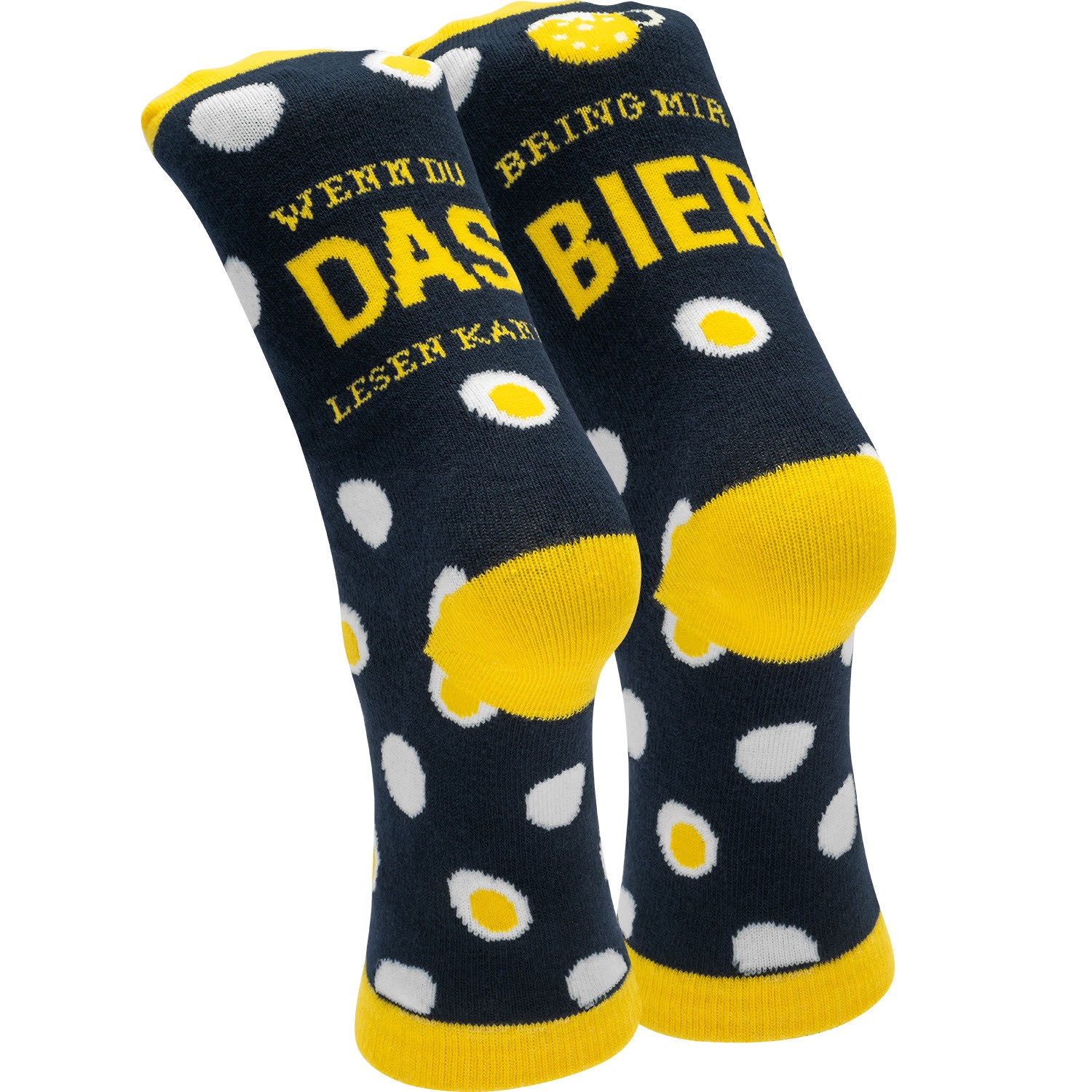 Dunkelblaue Zaubersocken mit gelben Zehen und Bier-Ei-Motiv – witzige Socken für Bierliebhaber.