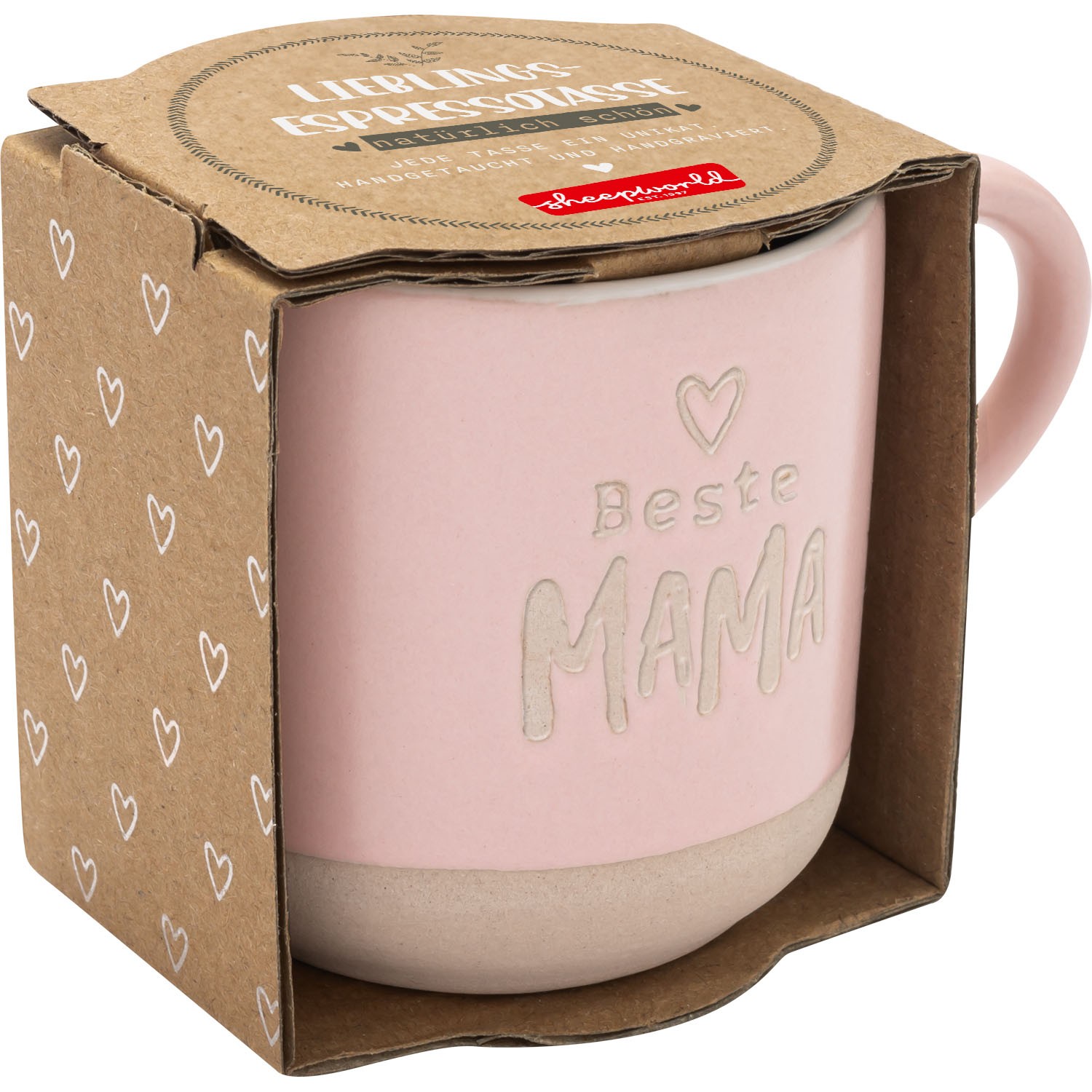 Rosa Keramiktasse mit Relief-Schriftzug 'Beste Mama' und Herz, matt, Geschenkverpackung aus Pappe