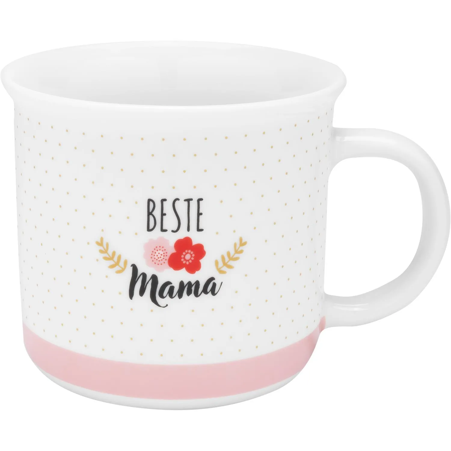 Weiße Porzellan-Tasse mit rosa Bodenband, Blütenmotiv und Schriftzug 'Beste Mama'