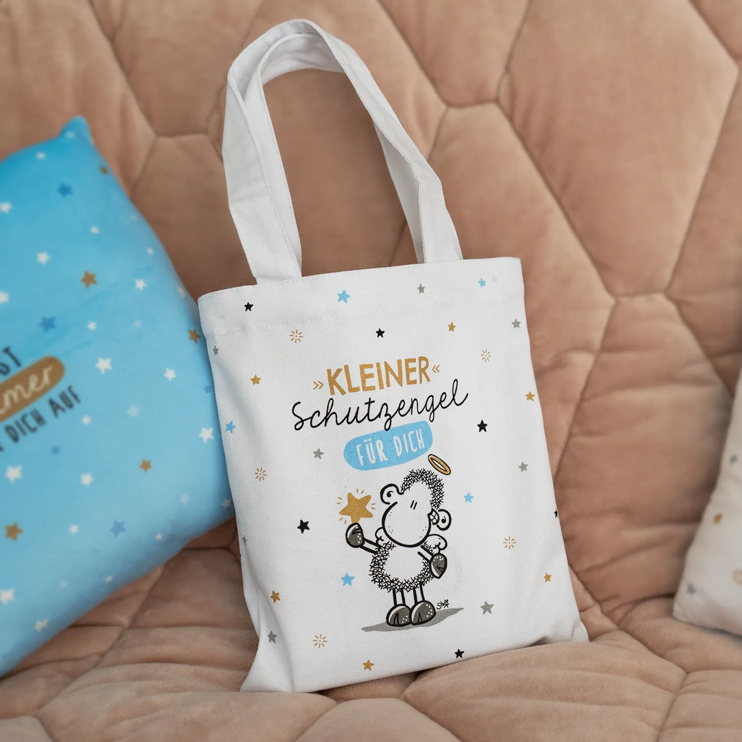 Weiße Baumwolltasche mit Schutzengel-Motiv, Golddruck und Sternchen