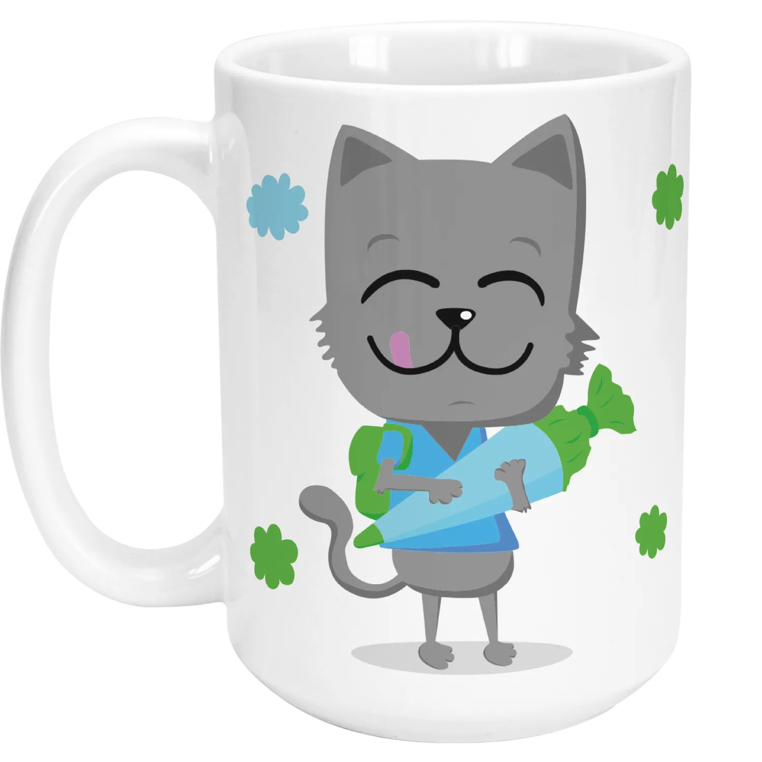 Weiße Keramik-Tasse mit grauer Katzen-Illustration und großem blauen Stift