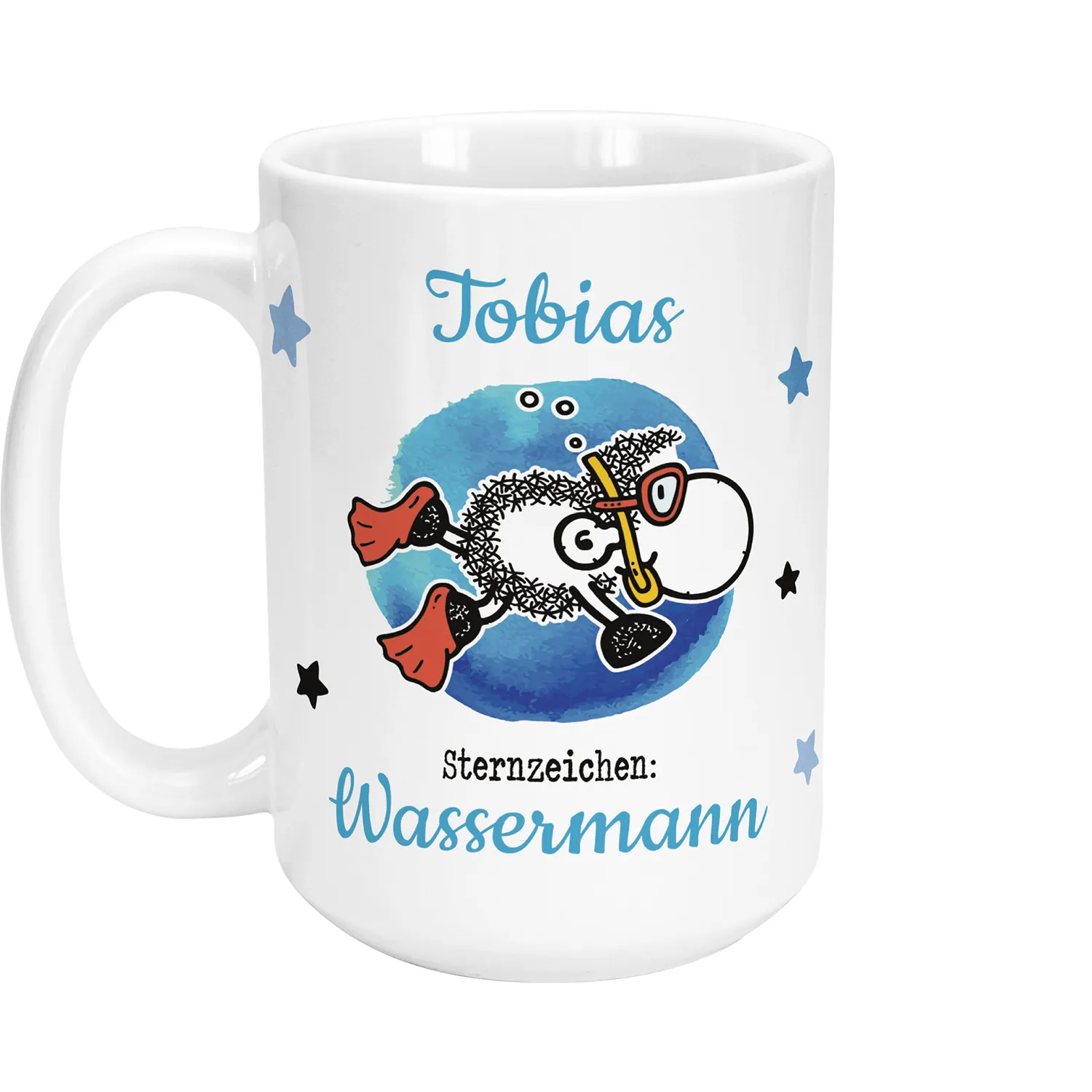 Weiße XL-Keramiktasse, personalisiert mit dem Namen Tobias und Sternzeichen Wassermann, Schaf-Motiv in Blau.