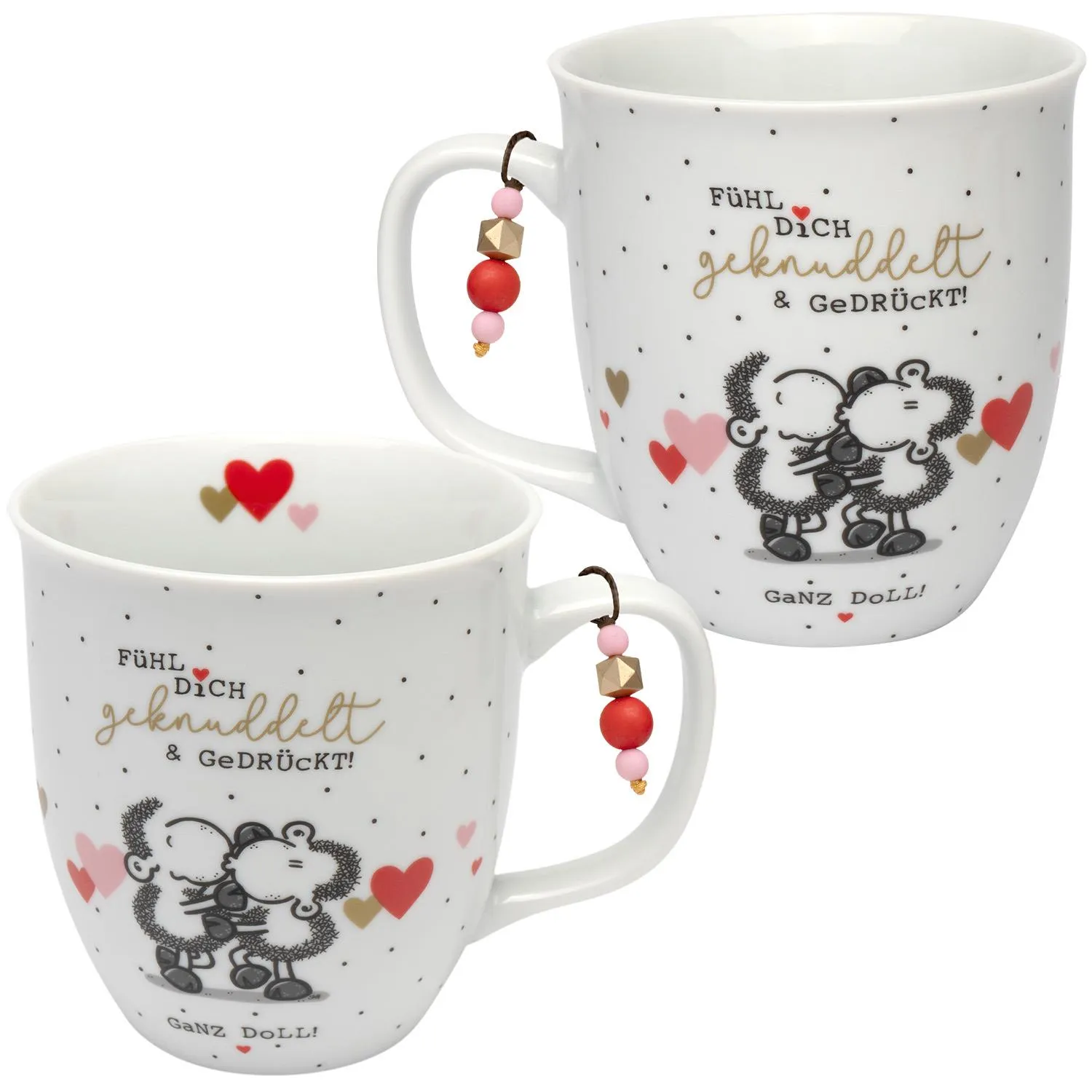 Weiße Porzellan-Tasse mit knuddeligem Schäfchen-Motiv und Goldschrift
