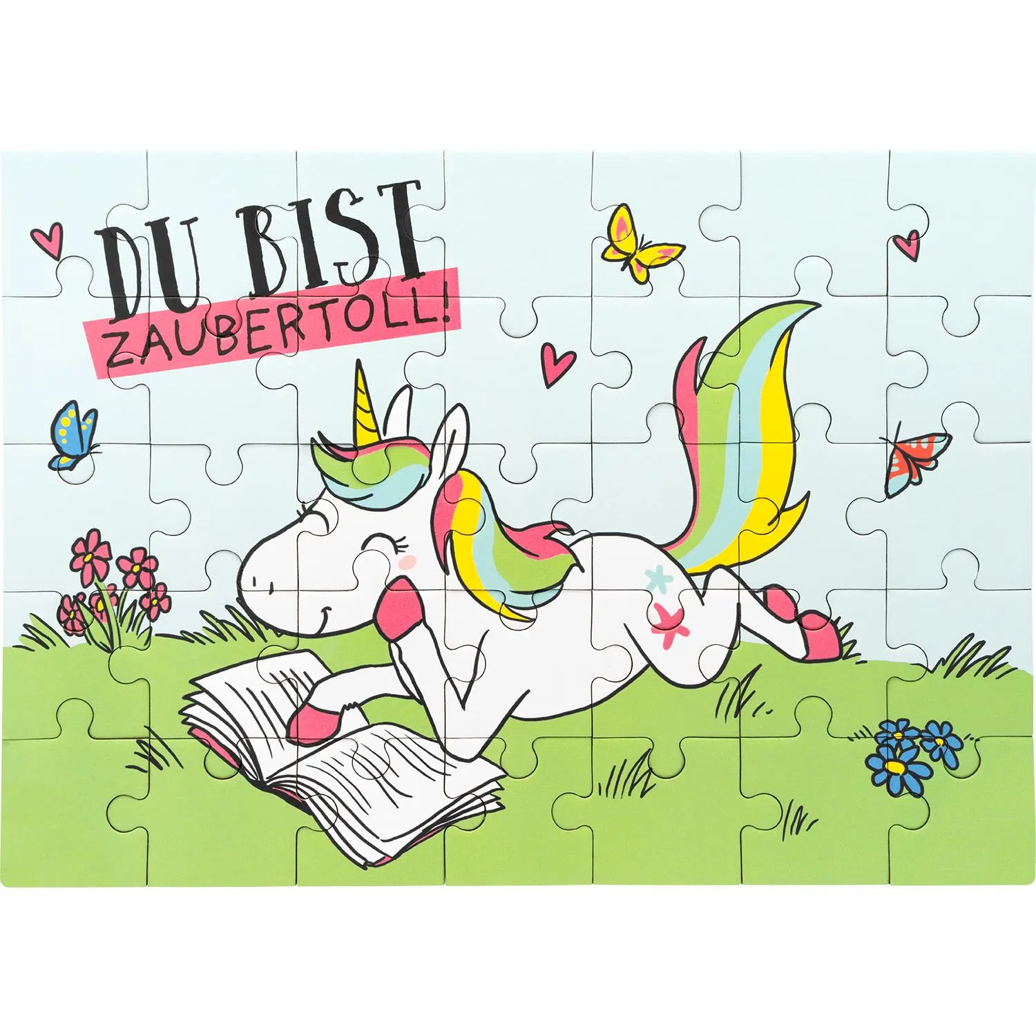 Puzzle »Einhorn« auf Gras mit Schmetterlingen, 35 Teile, bunt
