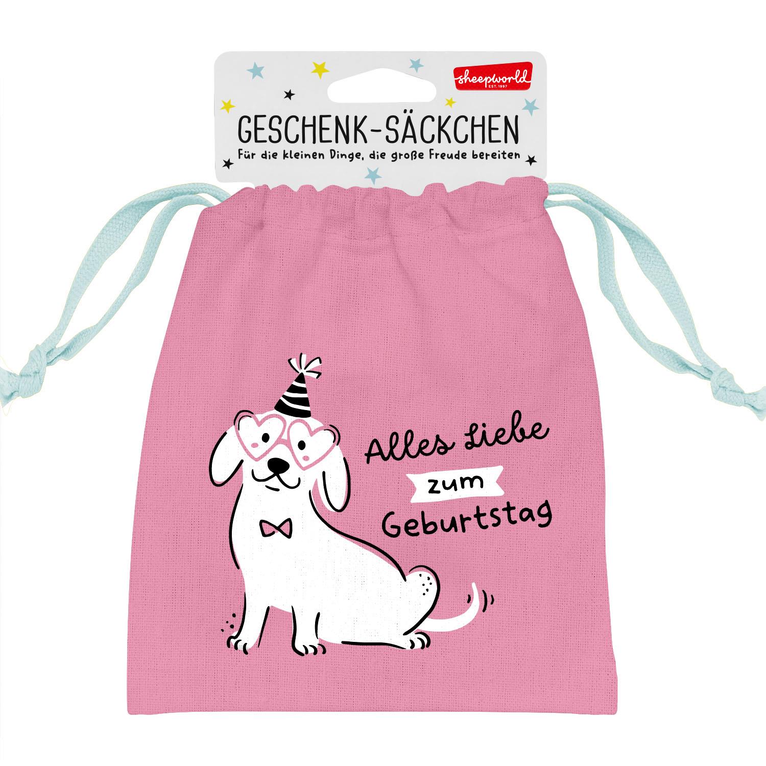 Rosa Geschenk-Säckchen mit Hund, Partyhut und Herz-Sonnenbrille – Geburtstagsmotiv
