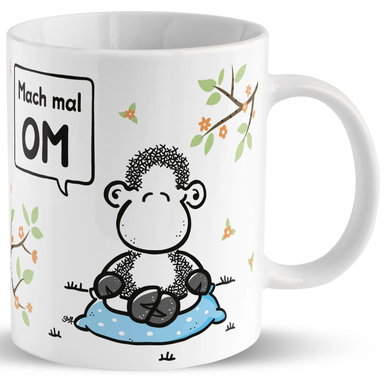 Weiße Keramik-Tasse mit Affen-Motiv und Spruch 'Mach mal OM' – personalisierbar.