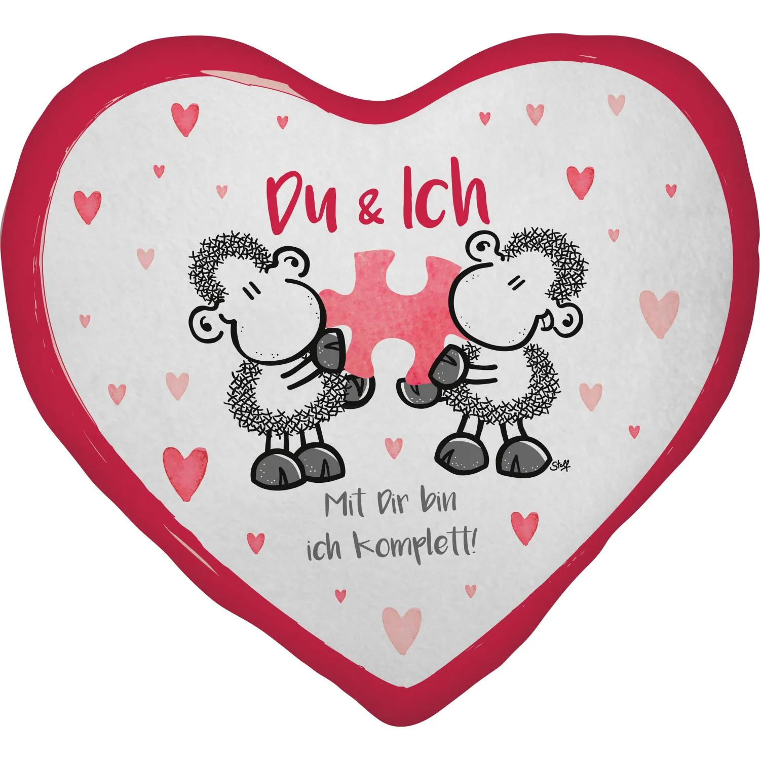 Herzförmiges Plüschkissen mit zwei Schafen und Puzzleteil – Motiv Du & Ich