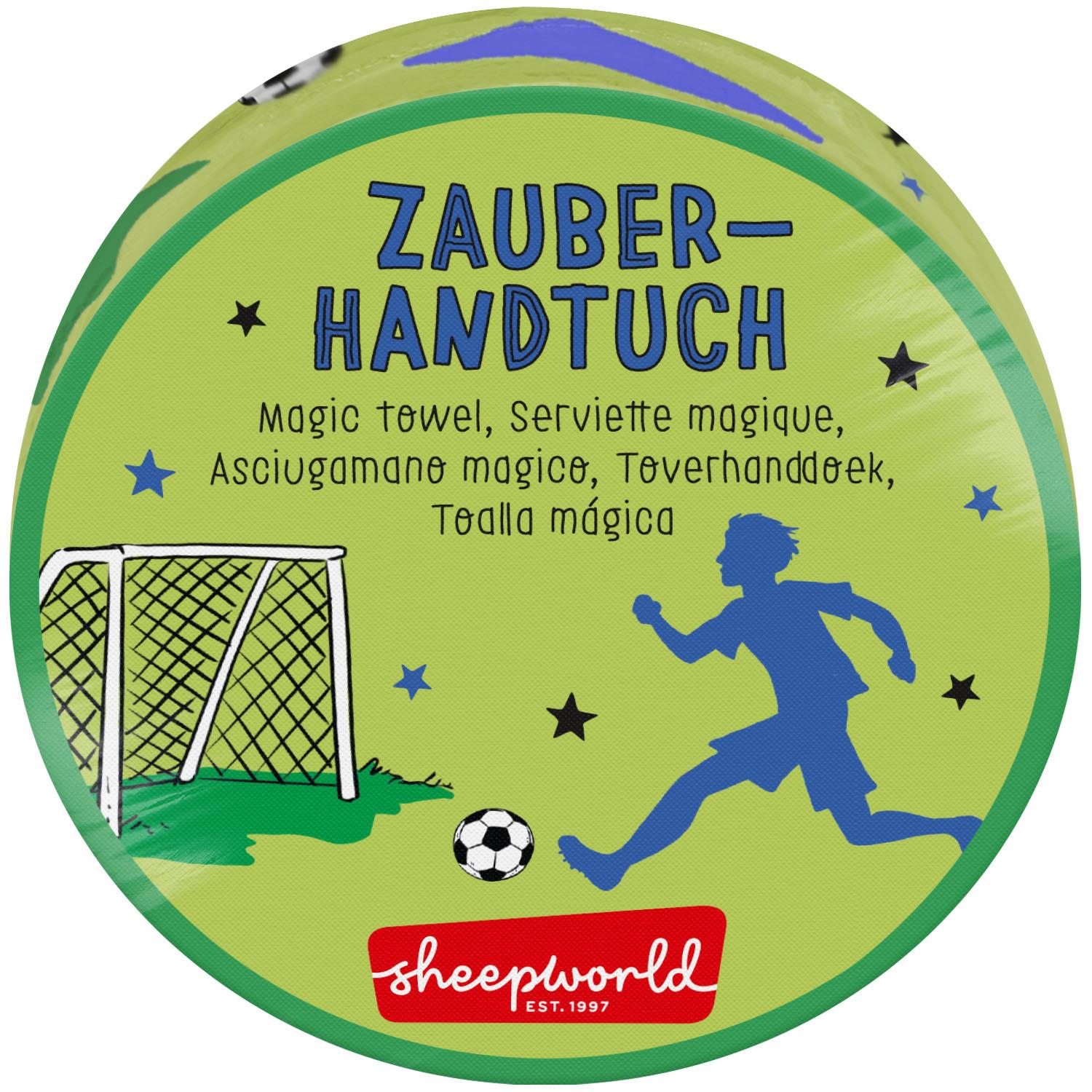 Rundes Zauberhandtuch mit Fußballmotiv, grün-gelber Hintergrund, Spieler-Silhouette, Tor und Ball