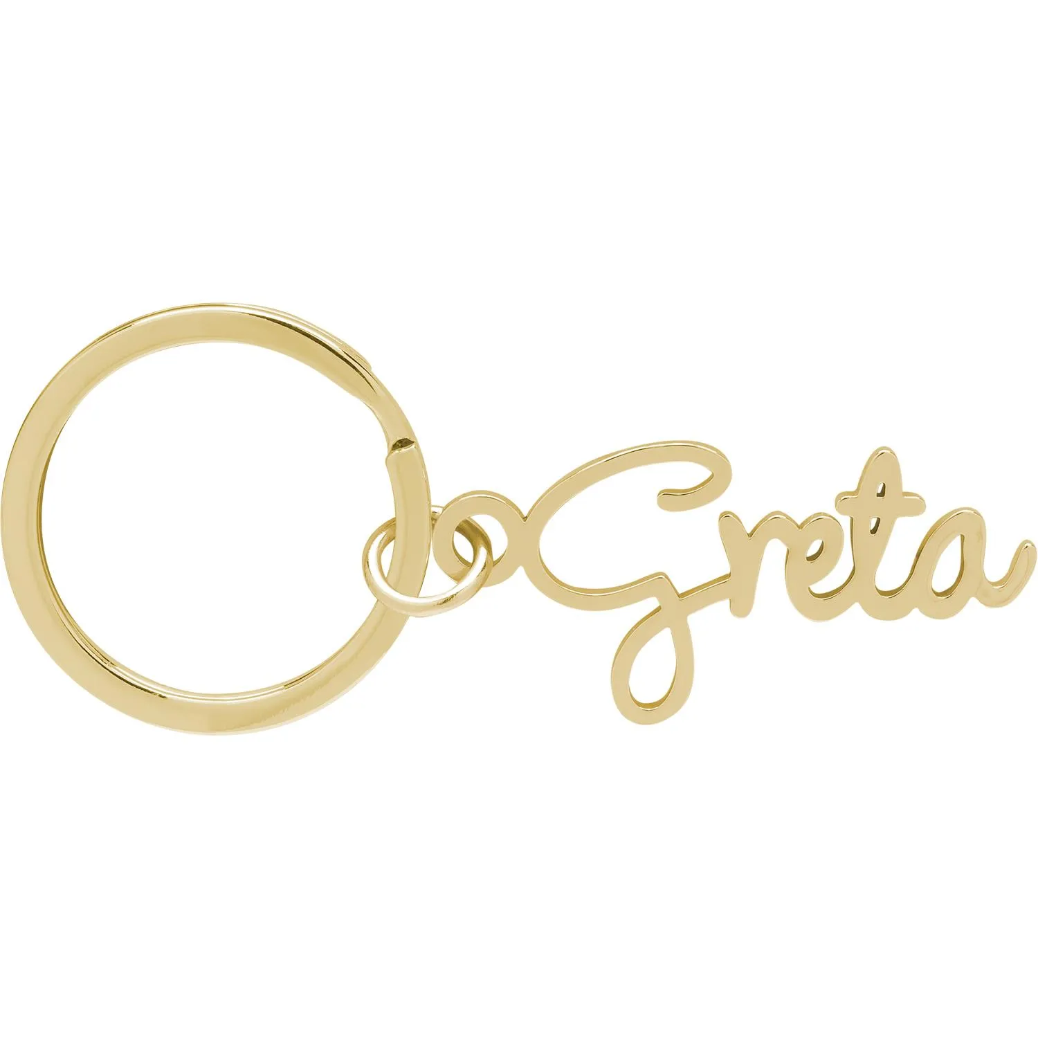 Goldfarbener Schlüsselanhänger mit dem Namen Greta als Schriftzug