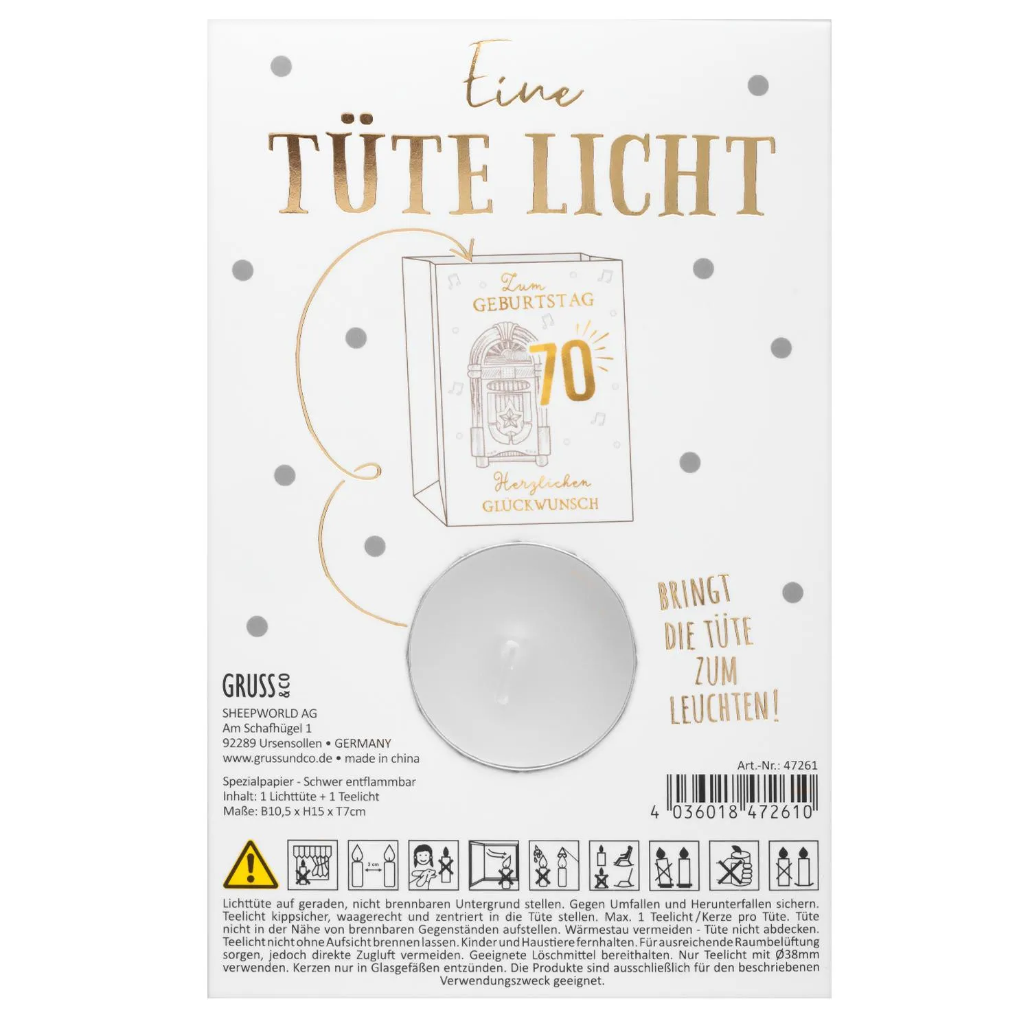 Weiße Lichttüte mit goldenem Druck und Teelicht