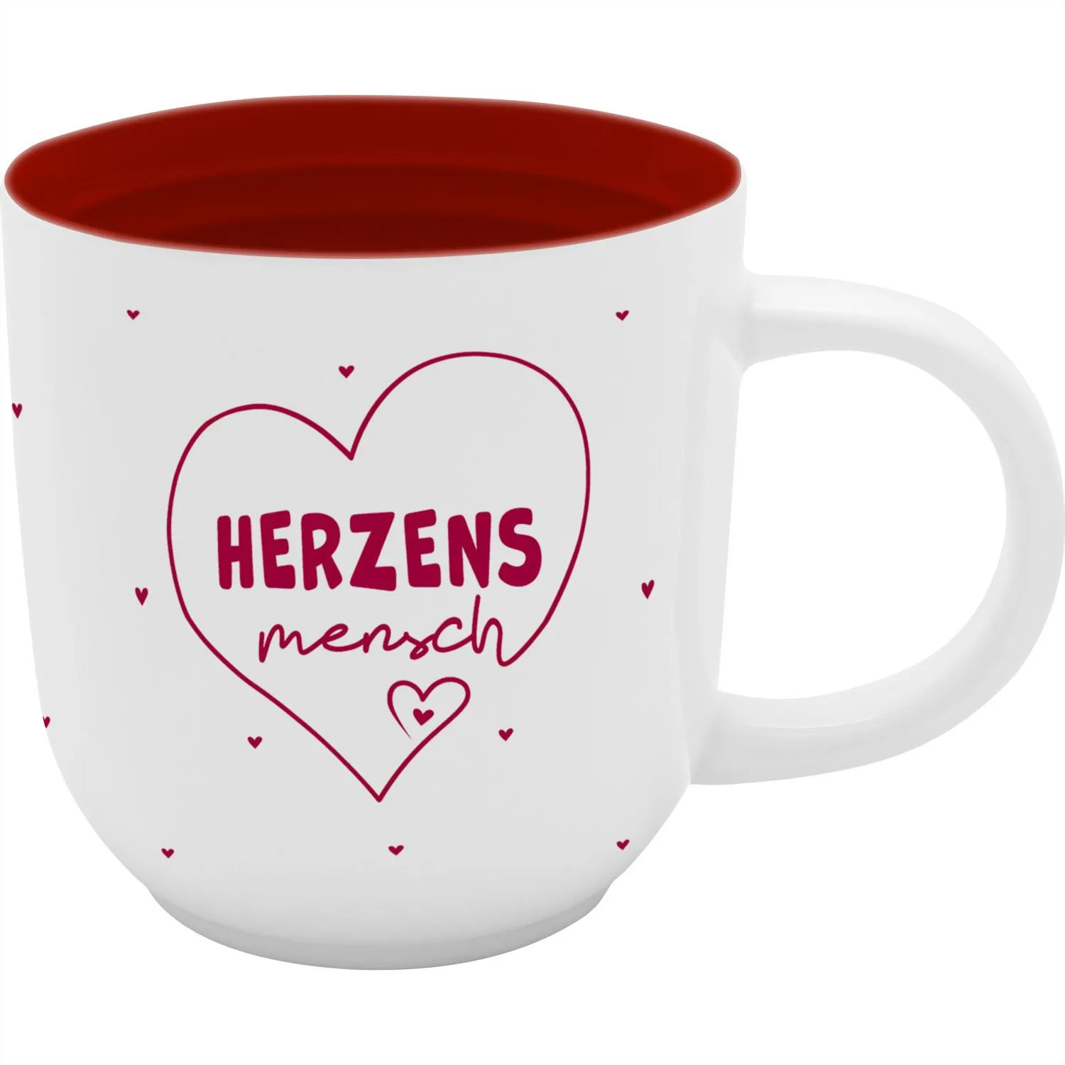 Weiße Porzellan-Tasse mit rotem Innenraum und Herzschriftzug 'HERZENS mensch'