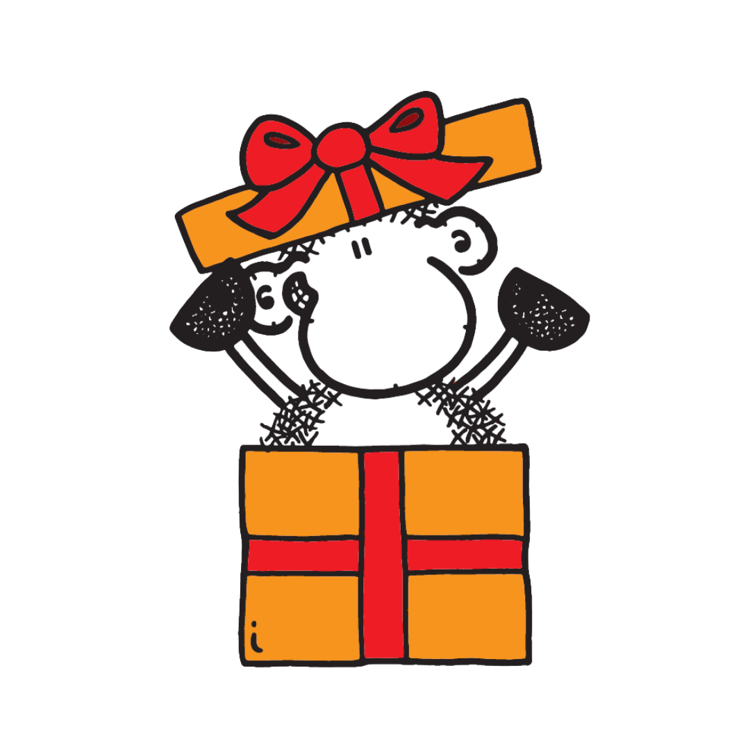 sheepworld Schaf schaut aus einem Geschenk