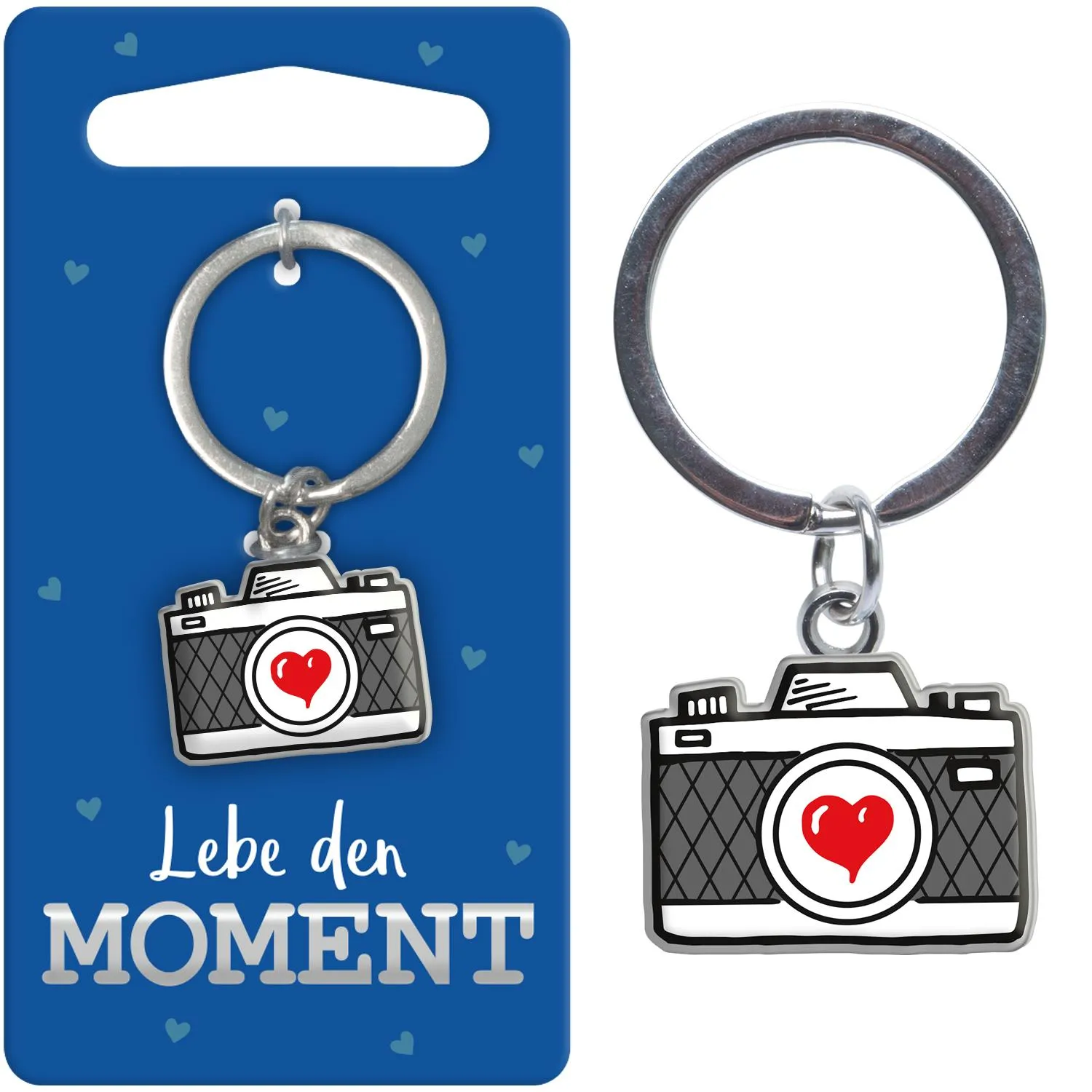 Mini-Schlüsselanhänger Kamera mit rotem Herz, am Metallring befestigt.