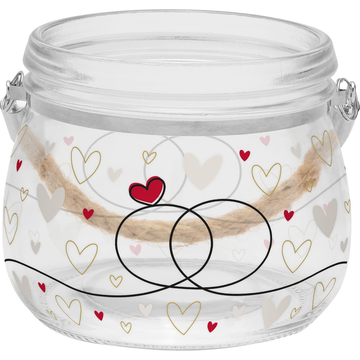 Windlicht aus Glas mit Herz- und Ring-Motiv, Bast-Tragegriff und Golddruck.