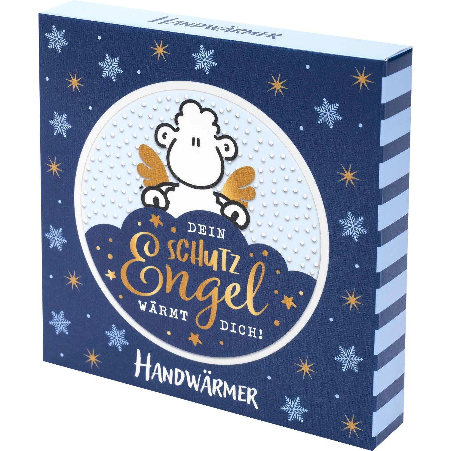 Blauer Geschenkbox-Handwärmer mit Schutzengel-Motiv und Schneeflocken, 9 cm Durchmesser, wiederverwendbar.