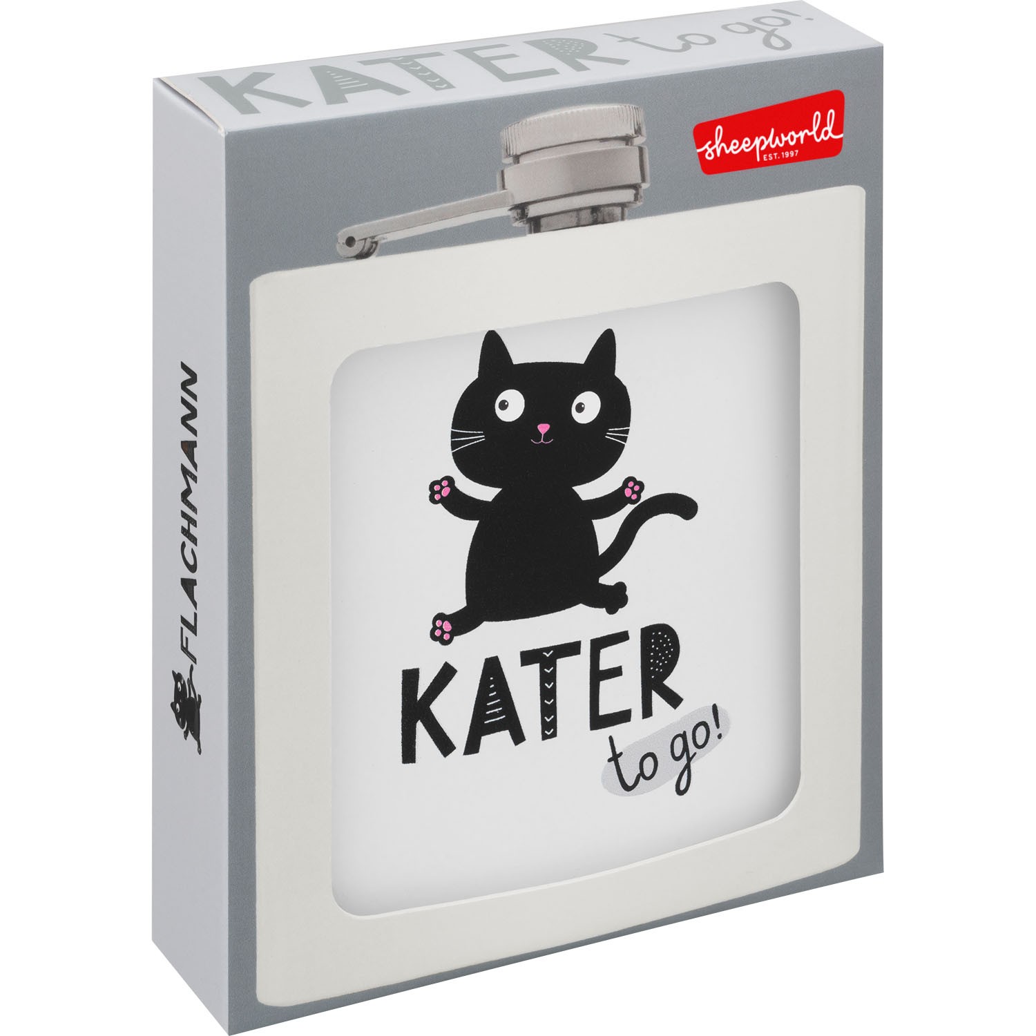 Flachmann aus Edelstahl mit Katzenmotiv 'Kater to go' in Geschenkverpackung.