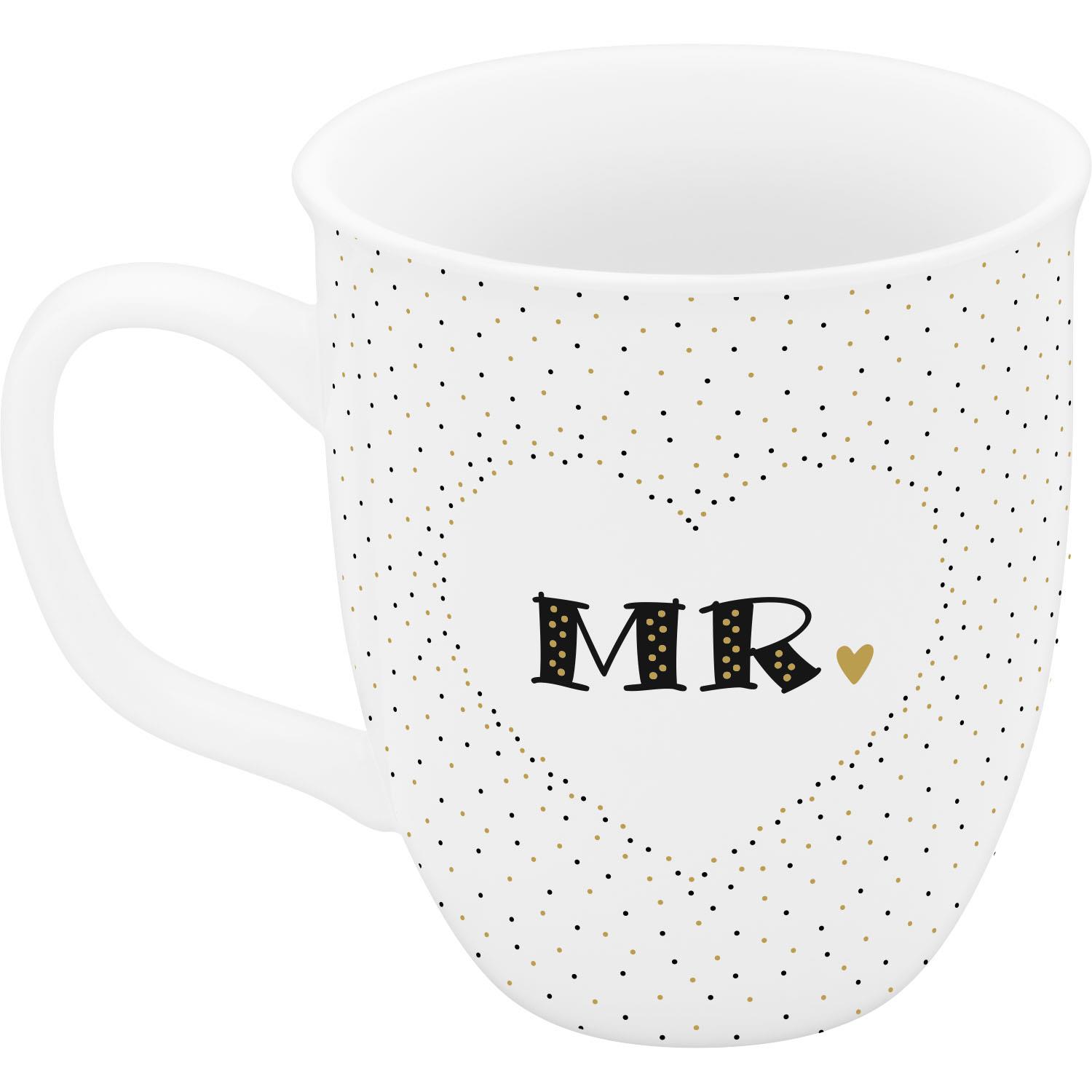 Weiße Porzellan-Tasse mit MR-Druck, goldenen Punkten und Herz