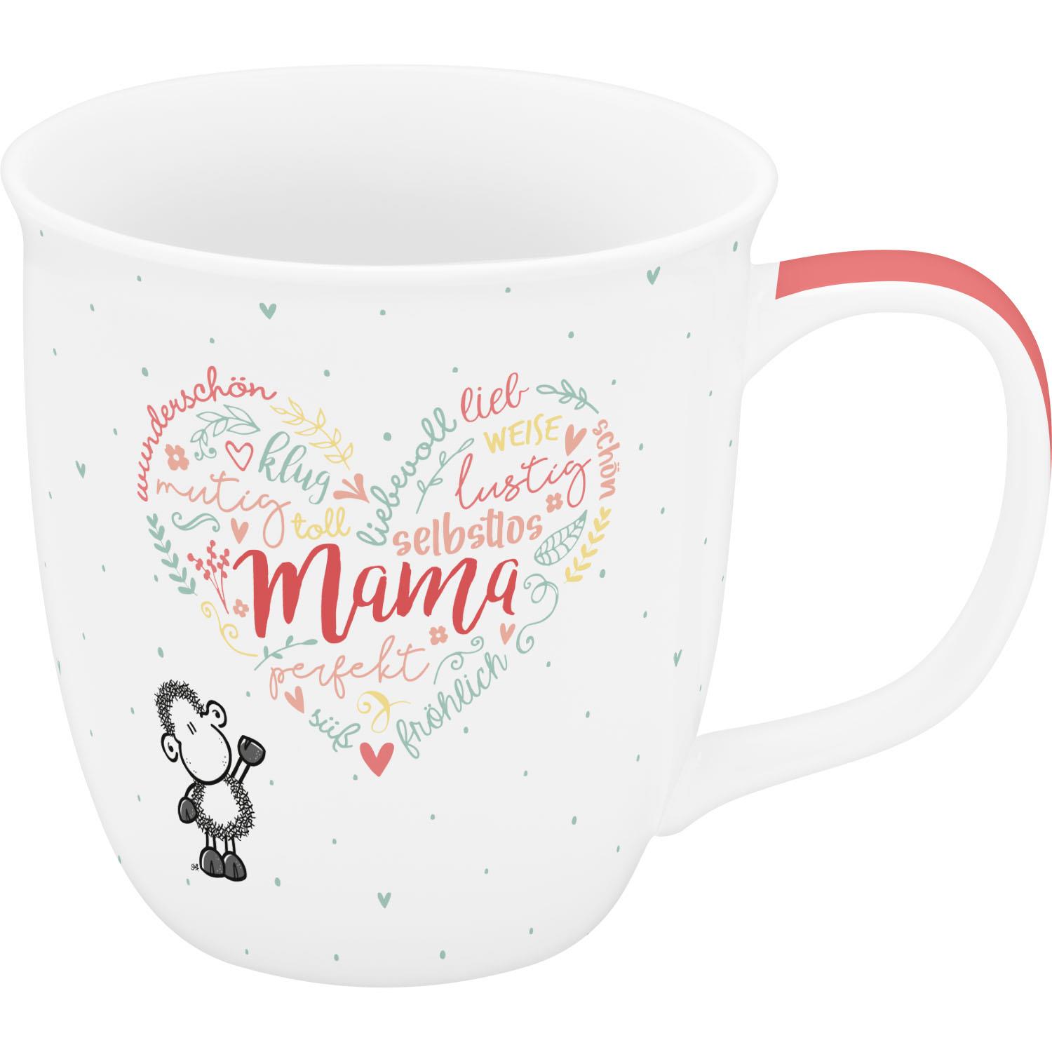 Weiße Porzellan-Tasse mit Herz-Motiv Mama und kleinem Schaf