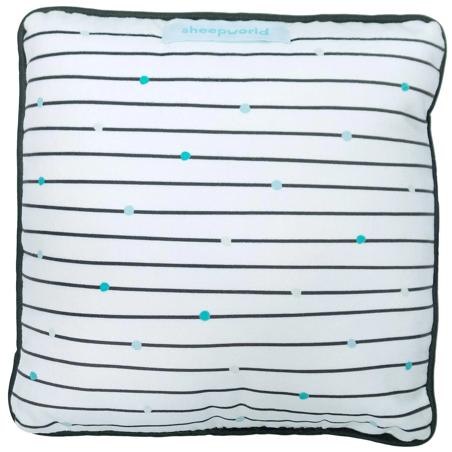 Weißes Plüschkissen mit schwarzen Streifen und blauen Punkten, 25 x 25 cm.