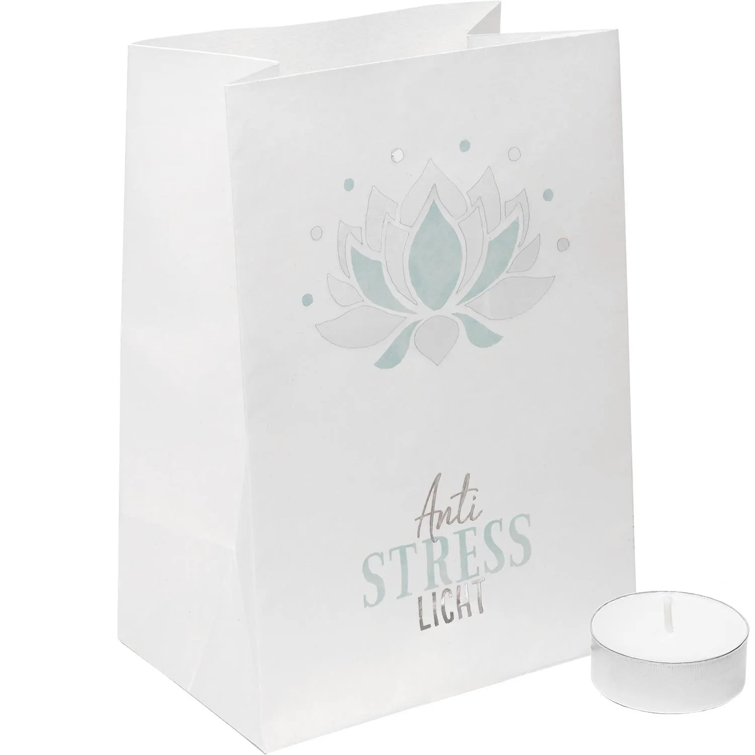 Weiße Lichttüte mit Lotusmotiv, inkl. Teelicht – entspannte Dekoidee