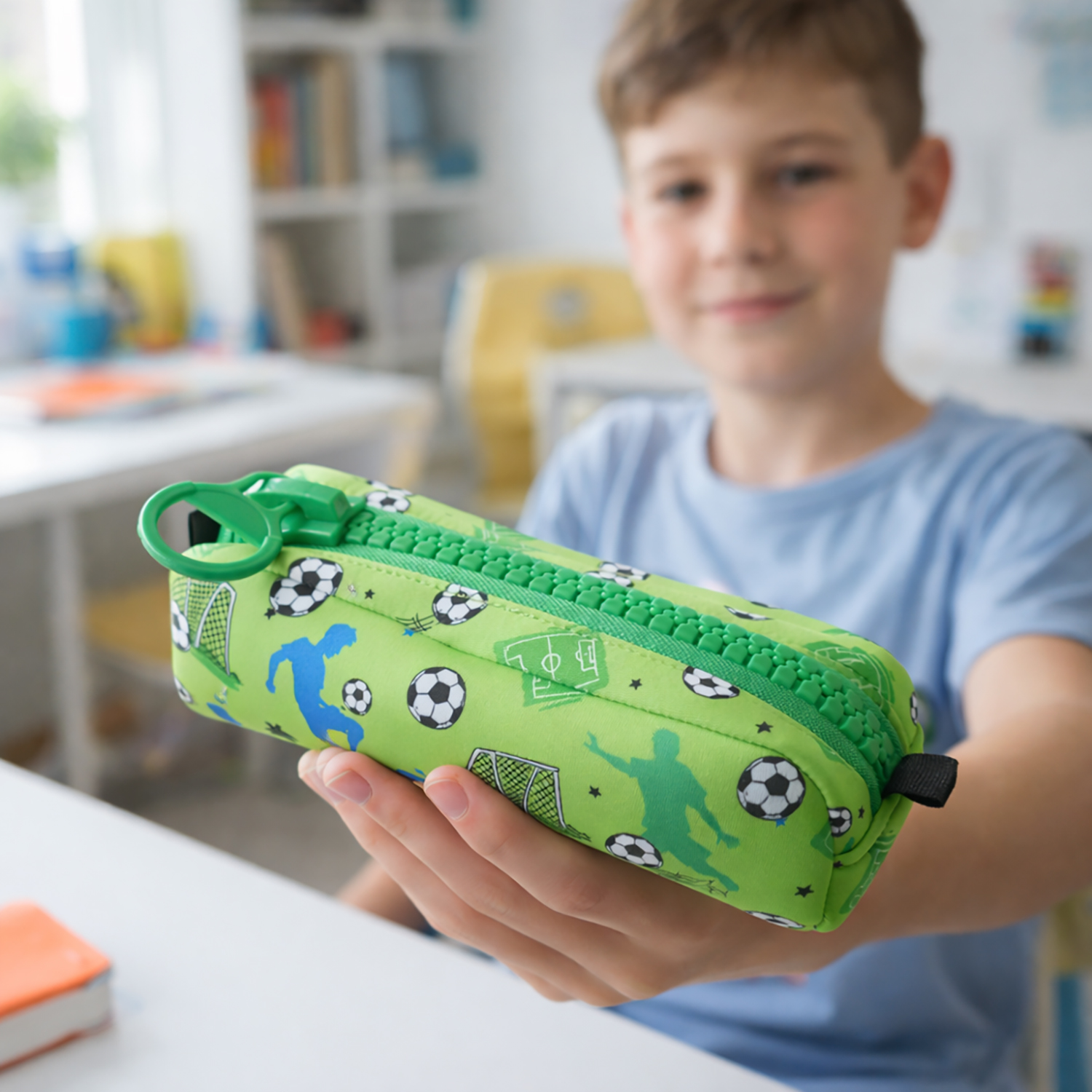 Grünes Neopren-Federmäppchen mit Fußballmotiven und XL-Reißverschluss