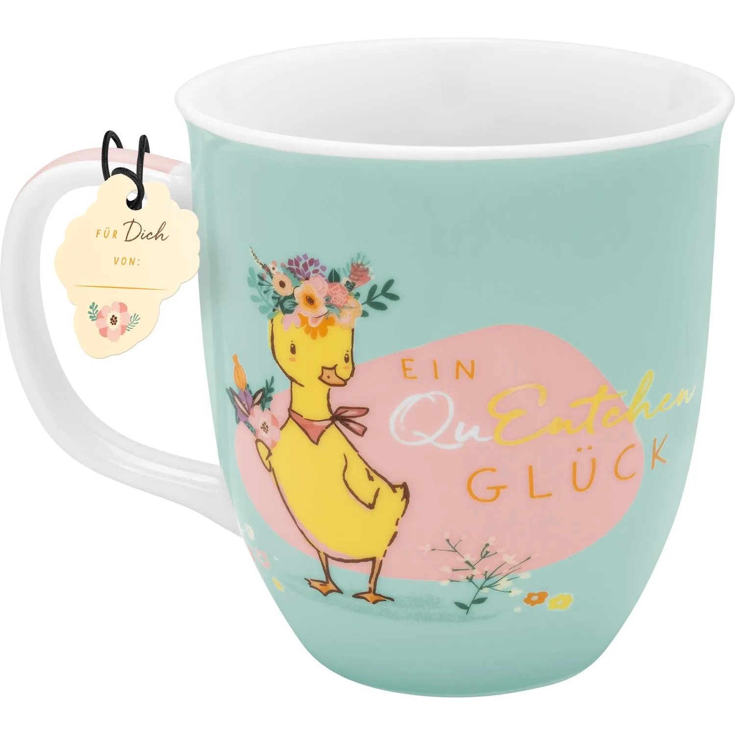 Pastellmint-Tasse mit Enten-Motiv, Blumenkranz und Schriftzug Ein Quentchen Glück