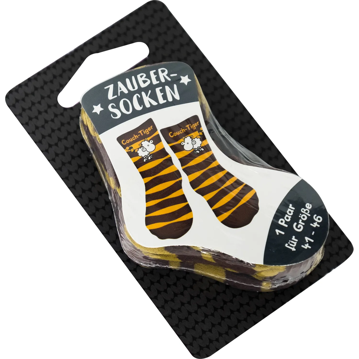 Zaubersocken Couch-Tiger – ein Paar magische Socken mit orange-braunen Tigerstreifen in Verpackung.