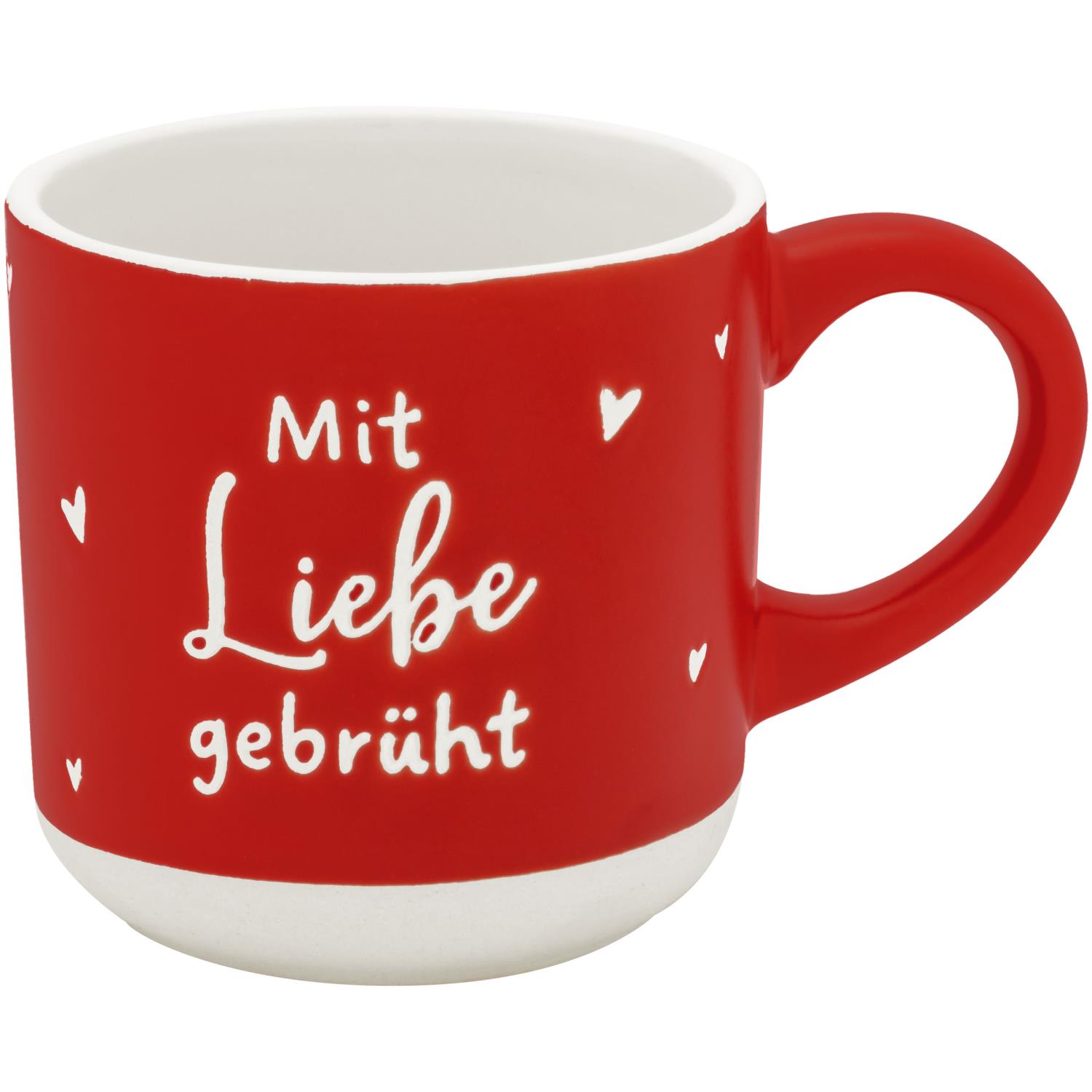 Rote Espressotasse aus Steinzeug mit weißem Innenraum und Aufdruck 'Mit Liebe gebrüht' sowie Herzchen.