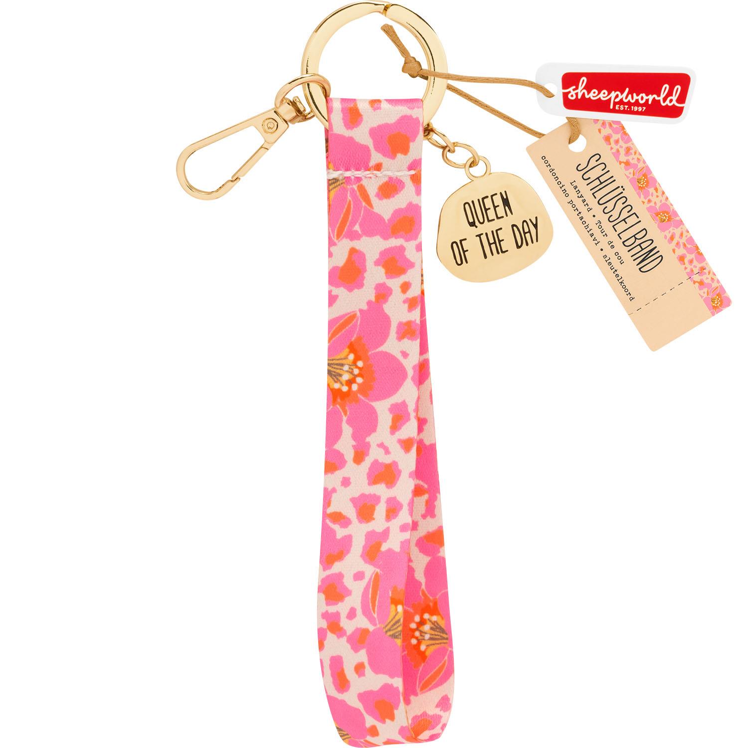 Pinkes Leoparden-Schlüsselband mit goldenem QUEEN OF THE DAY-Anhänger