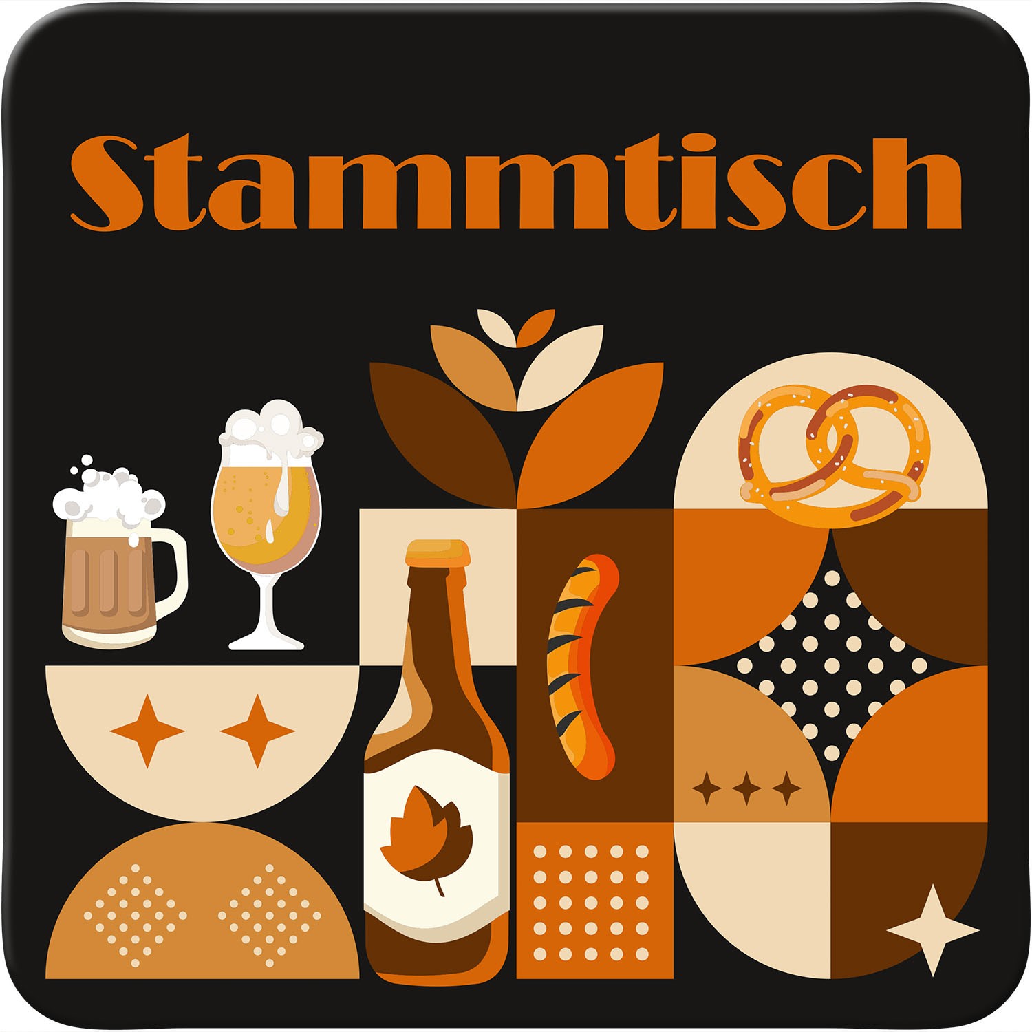 Quadratischer Untersetzer Stammtisch mit Bier, Brezel und Gläsern – mehrfarbiges Muster auf schwarzem Hintergrund