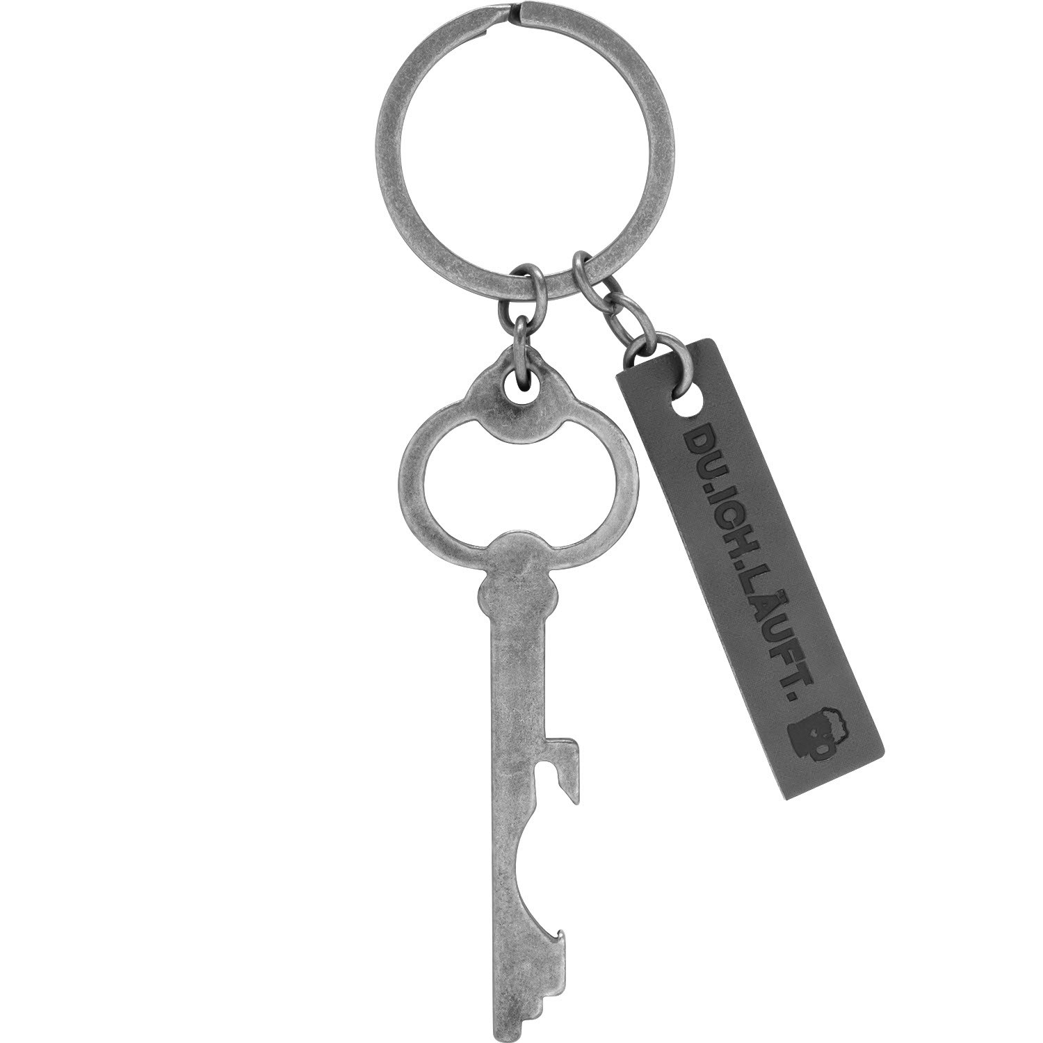 Silberner Schlüsselanhänger mit Flaschenöffner und Lederanhänger