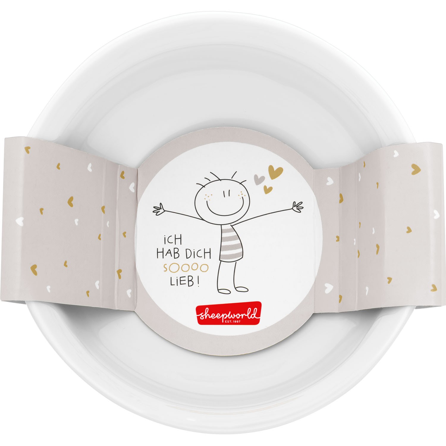 Weiße Porzellanschale mit niedlicher Motivillustration und Golddruck