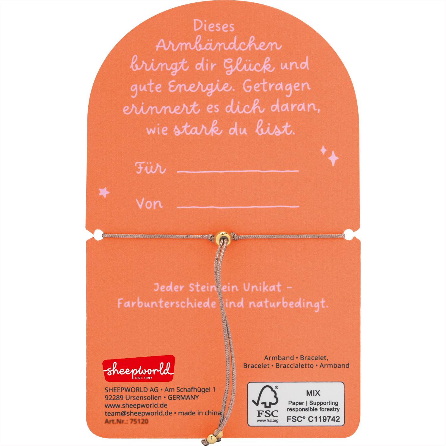 Armband aus Rosenquarz-Halbedelsteinen auf grauem Faden, verstellbar, präsentiert auf orangefarbenem Karton.