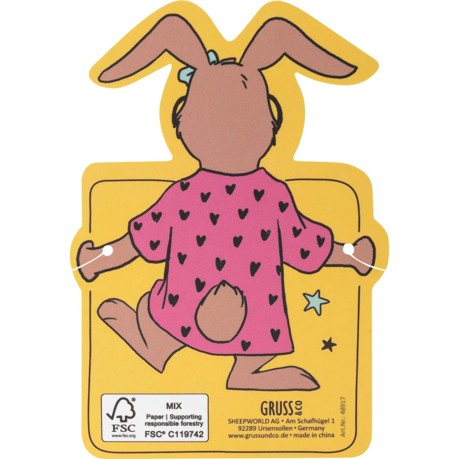 Gelbe Karte mit Hasen-Illustration in pinkem Kleid, Herzmuster