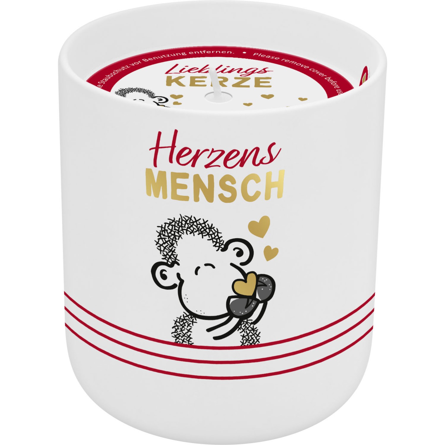 Weiße Kerze im Porzellan-Look mit Schäfchen-Motiv und Golddruck 'Herzensmensch'