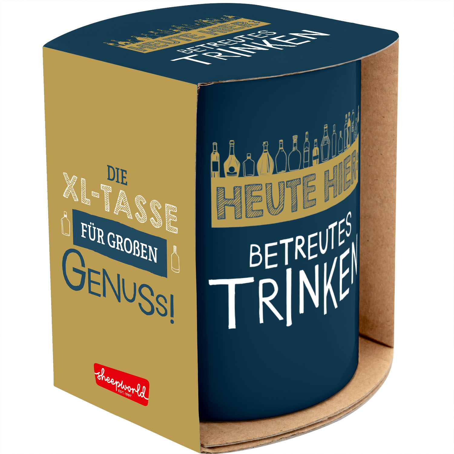 Dunkelblaue XL-Tasse mit Spruch 'Heute hier: Betreutes Trinken' in Geschenkverpackung.