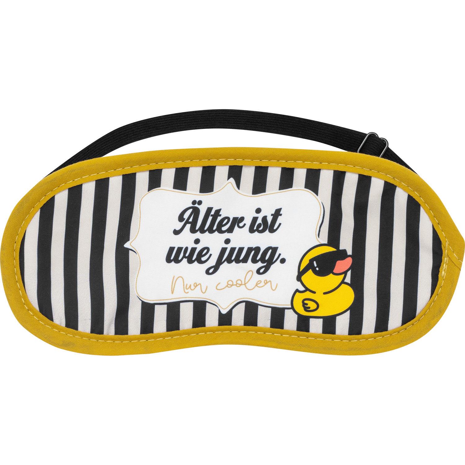 Schlafmaske mit Schwarz-Weiß-Streifen, gelbem Rand und gelber Ente mit Sonnenbrille